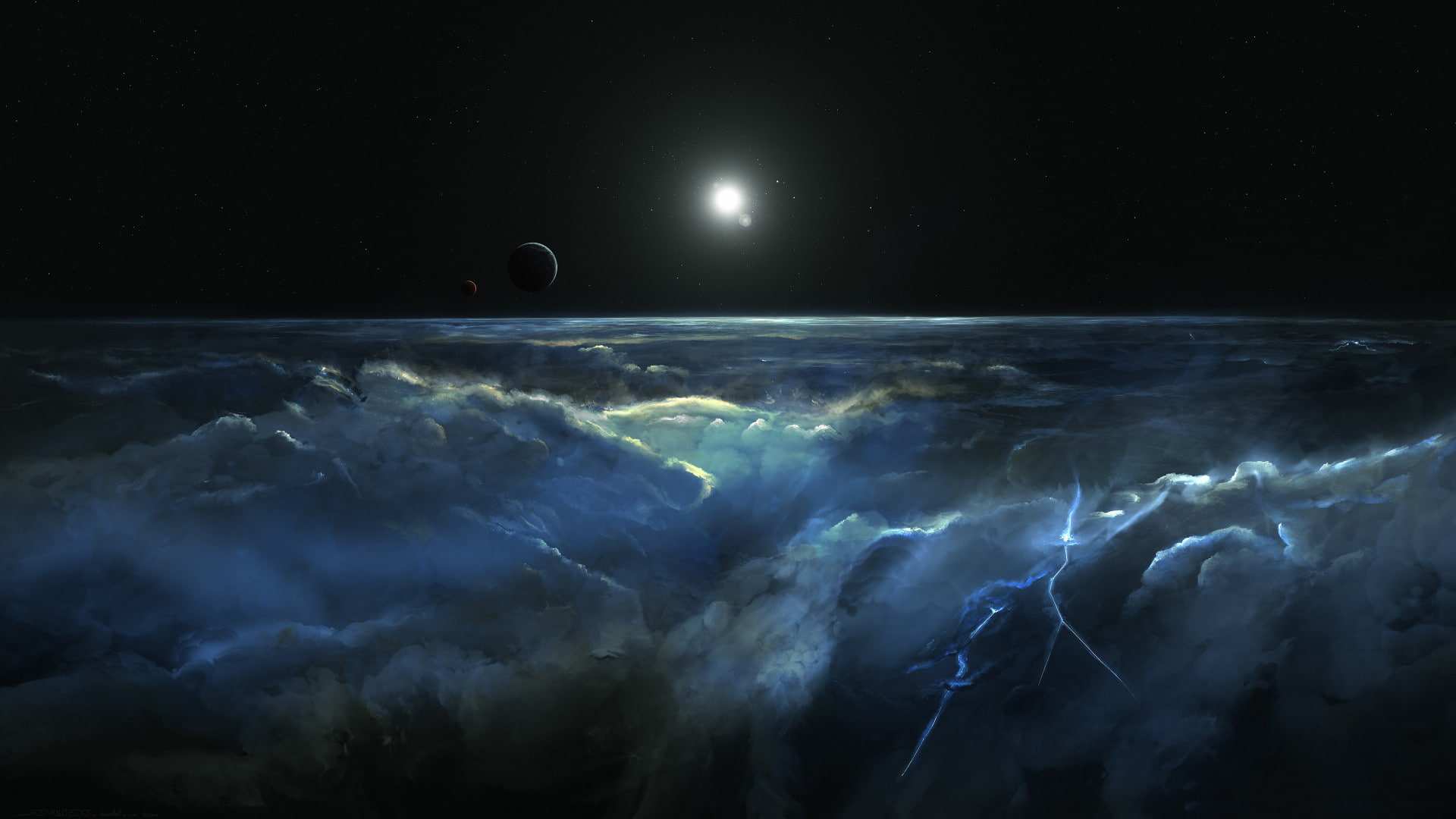 clouds, planets, hd, stars, space, starlight, lightning, 1080P, HD Wallpaper