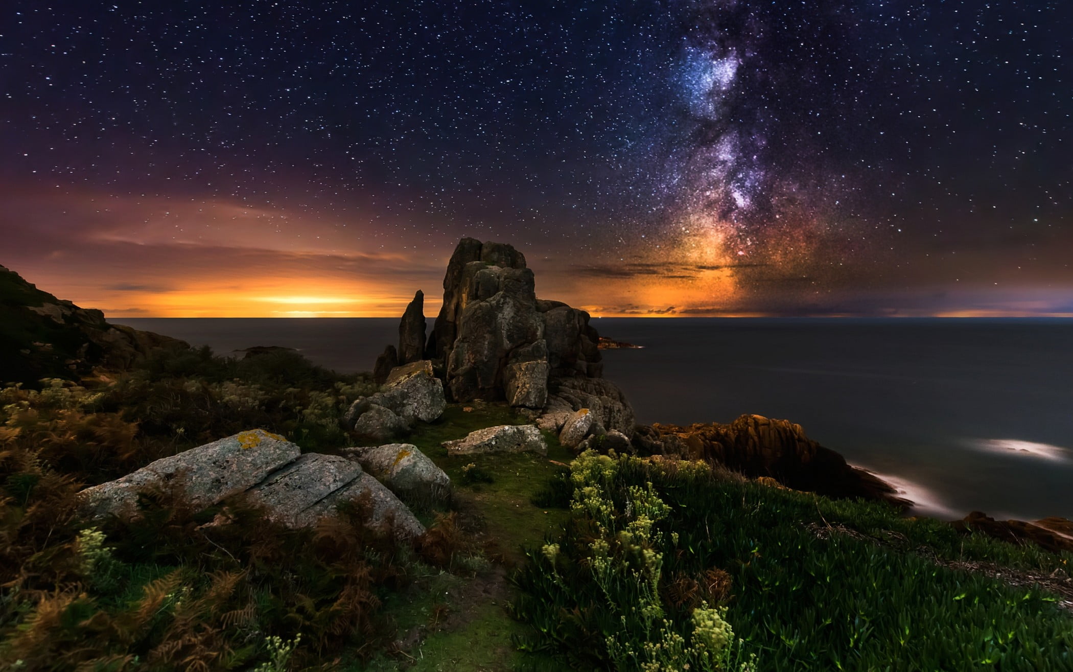 stars, space, beauty in nature, rock, galaxy, solid, body, 1080P, star field, tranquil scene, water, sea, no people, space and astronomy, star - space, HD Wallpaper