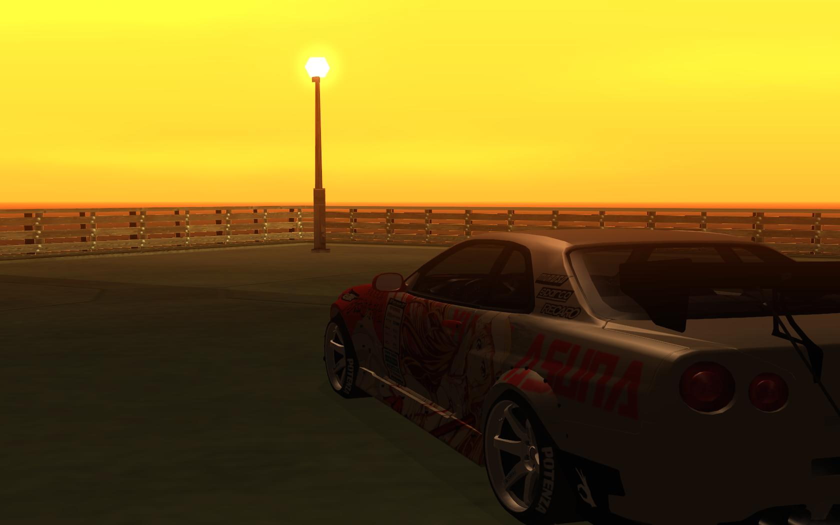 720P, clear sky, stationary, red, San Andreas, street light, sunset, tuning, lighting equipment, Grand Theft Auto, motor vehicle, nature, travel, Nissan Skyline GT-R R34, HD Wallpaper
