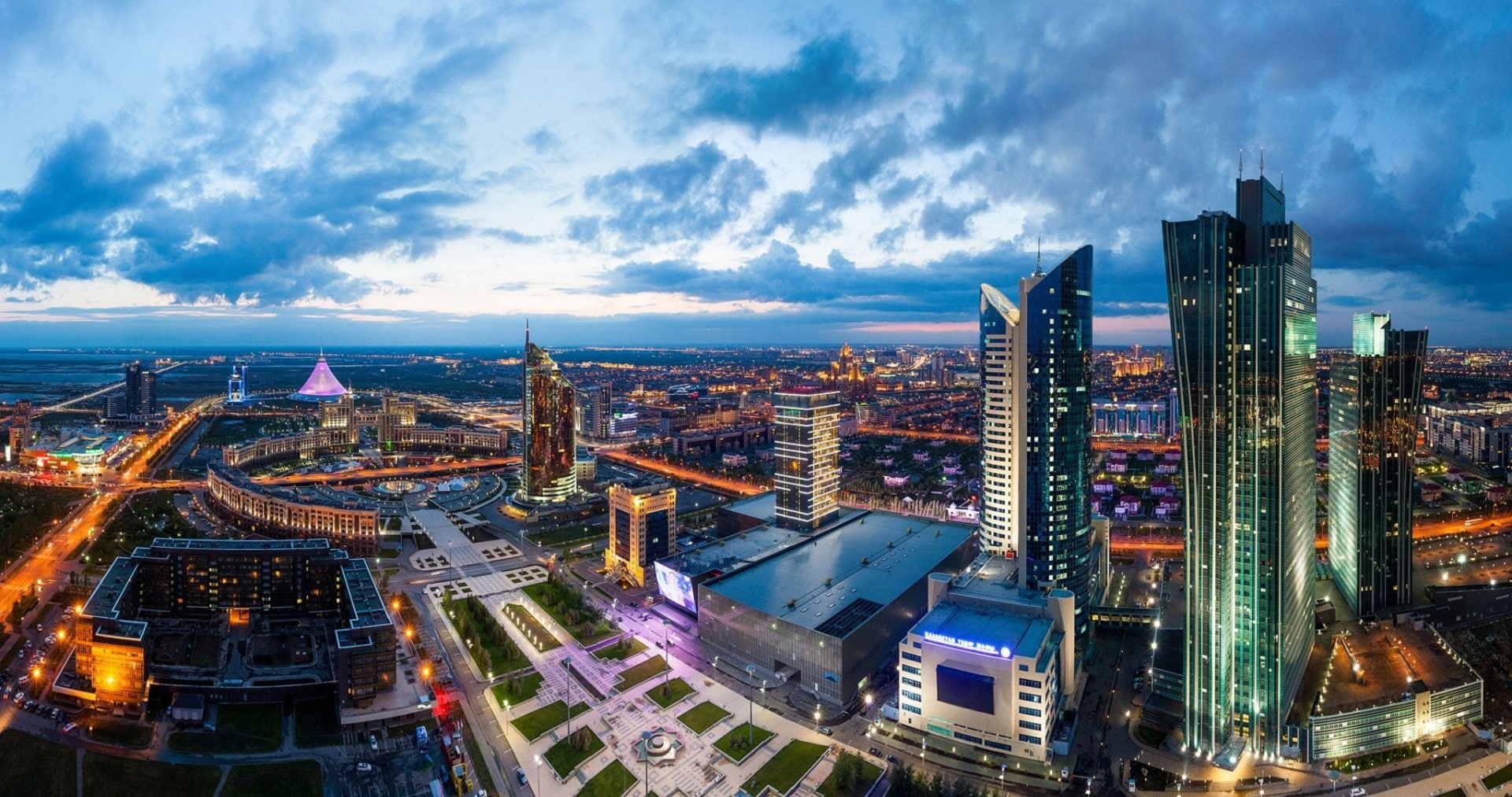 city street, night, Astana, built structure, Panorama, city life, urban skyline, 1080P, skyscraper, street, cityscape, dusk, building, modern, outdoors, HD Wallpaper