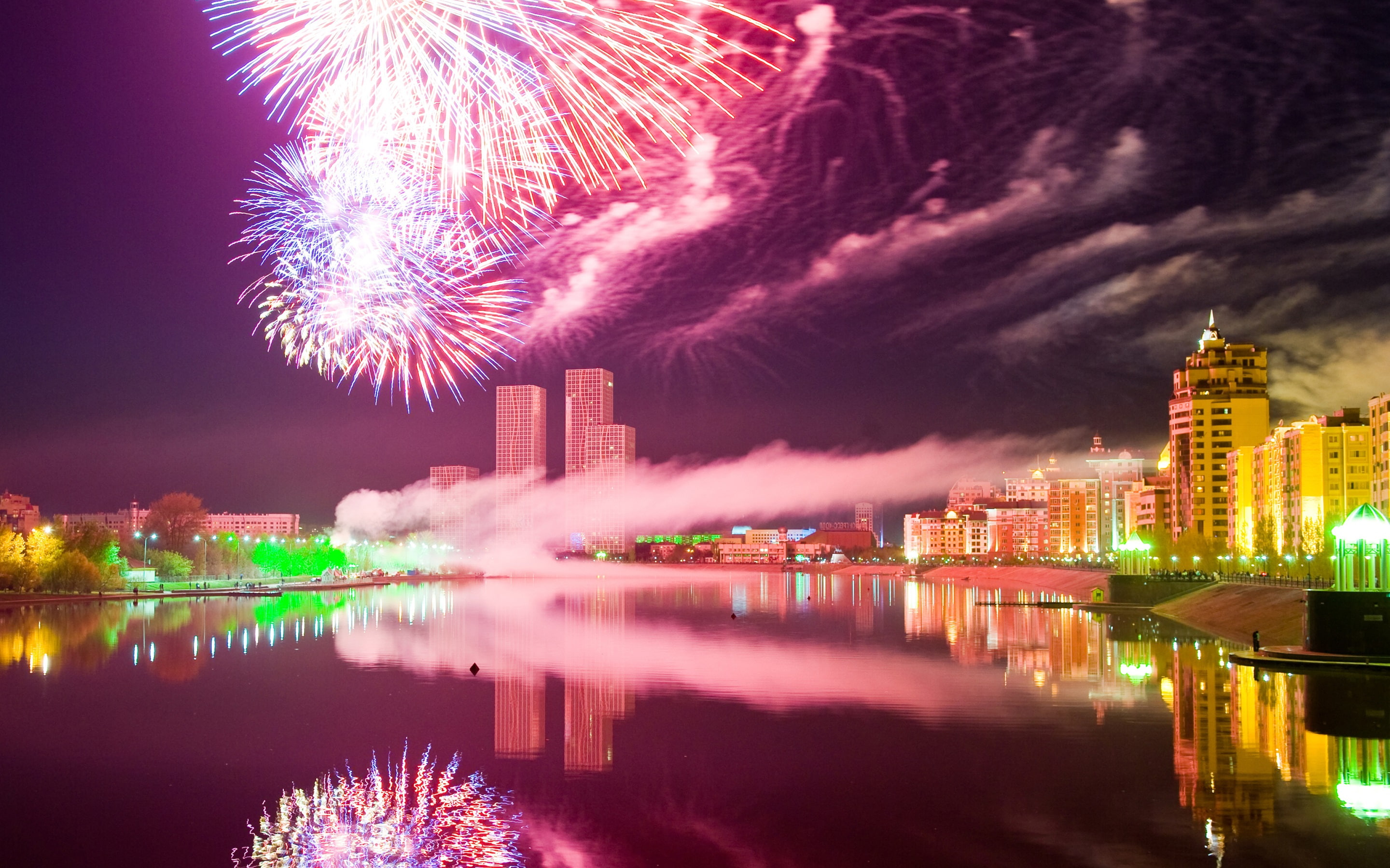 Night, 2K, Astana, Kazakhstan, River, Fireworks, City, Buildings, HD Wallpaper