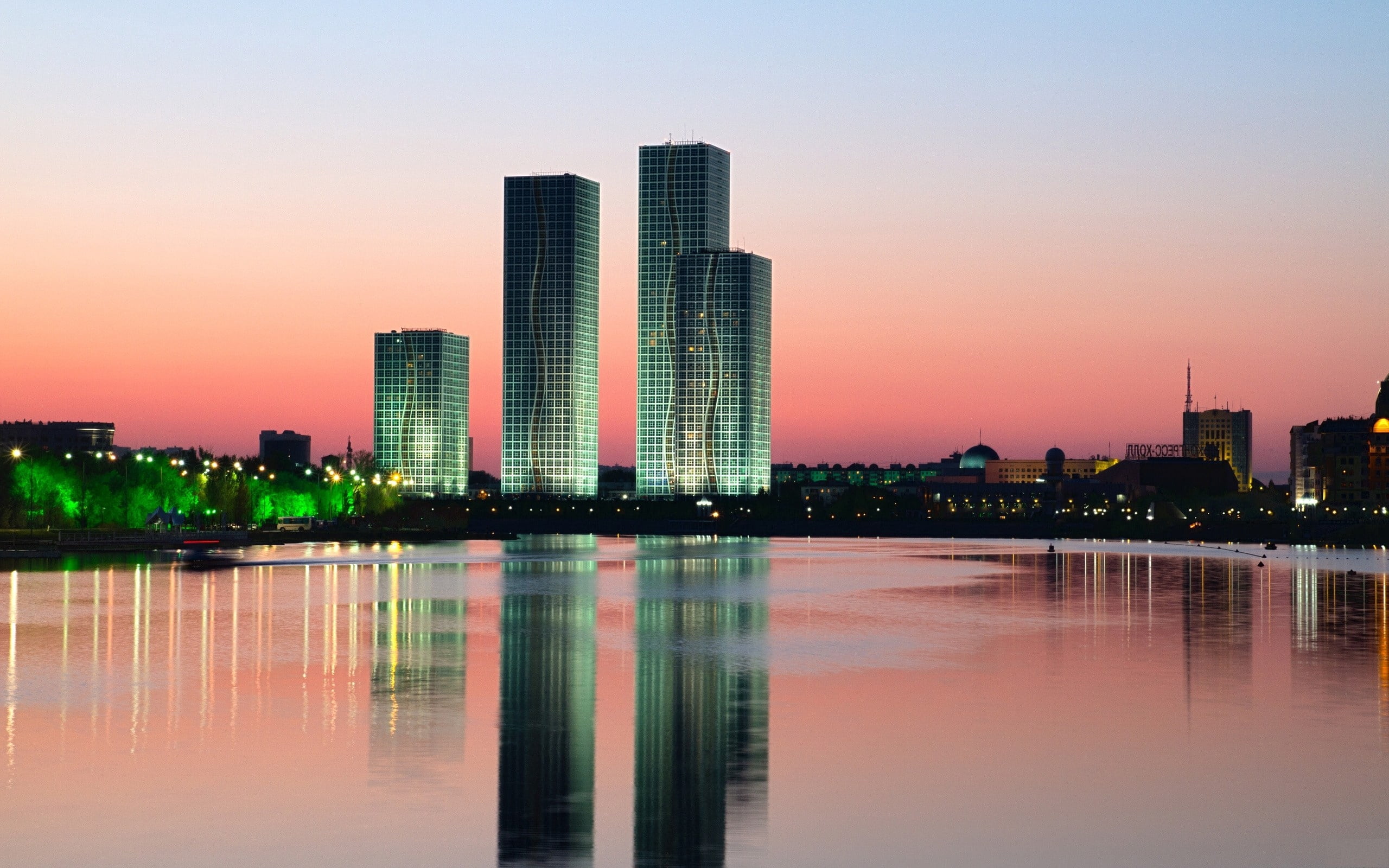 kazakhstan, building, tall - high, illuminated, office Building, waterfront, cityscape, modern, blue, night, panoramic, dusk, urban Skyline, city, body, HD Wallpaper
