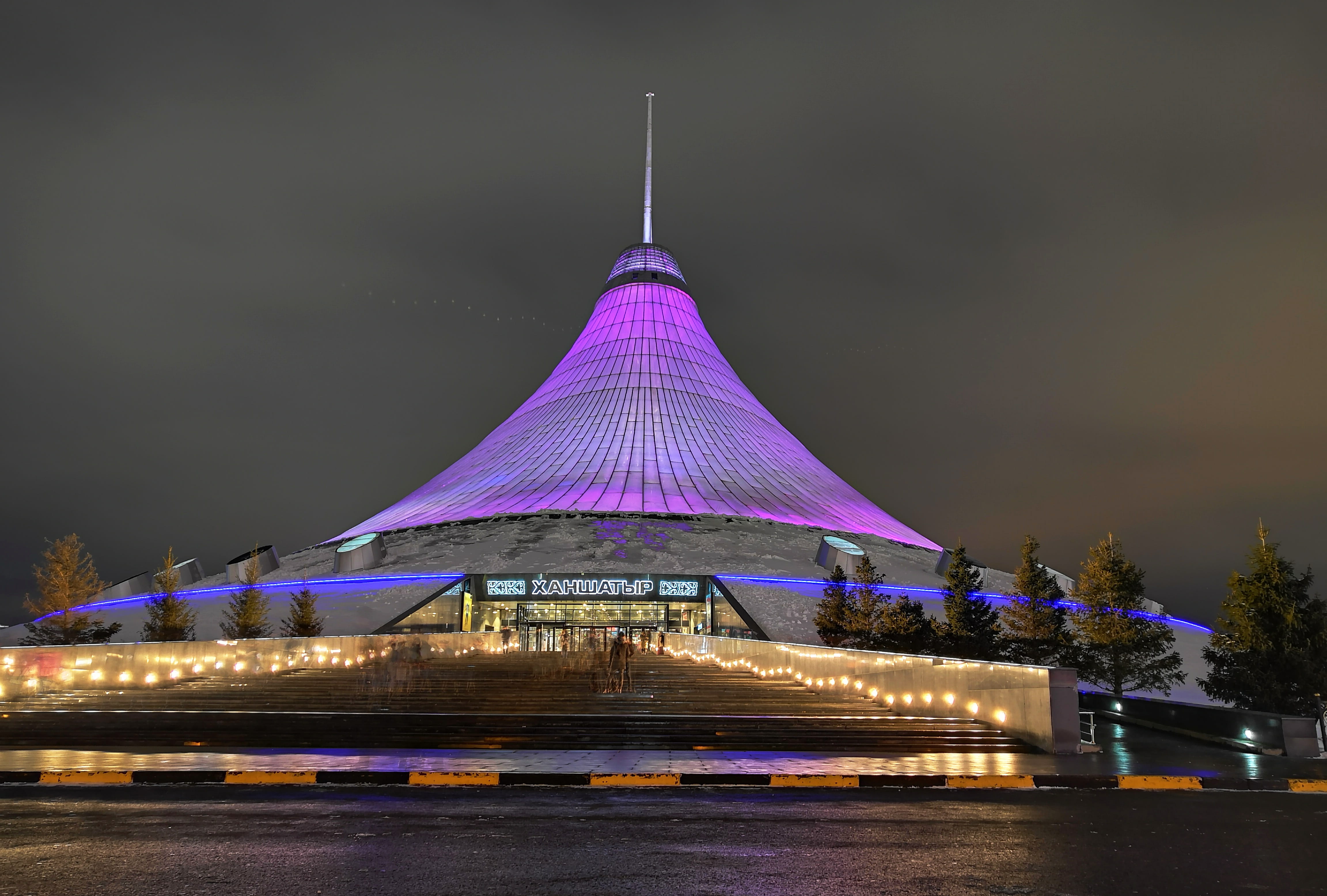 astana, shape, outdoors, spire, lighting equipment, city, the mall, asia, reflection, built structure, night, sky, travel destinations, architecture, khan shatyr, HD Wallpaper