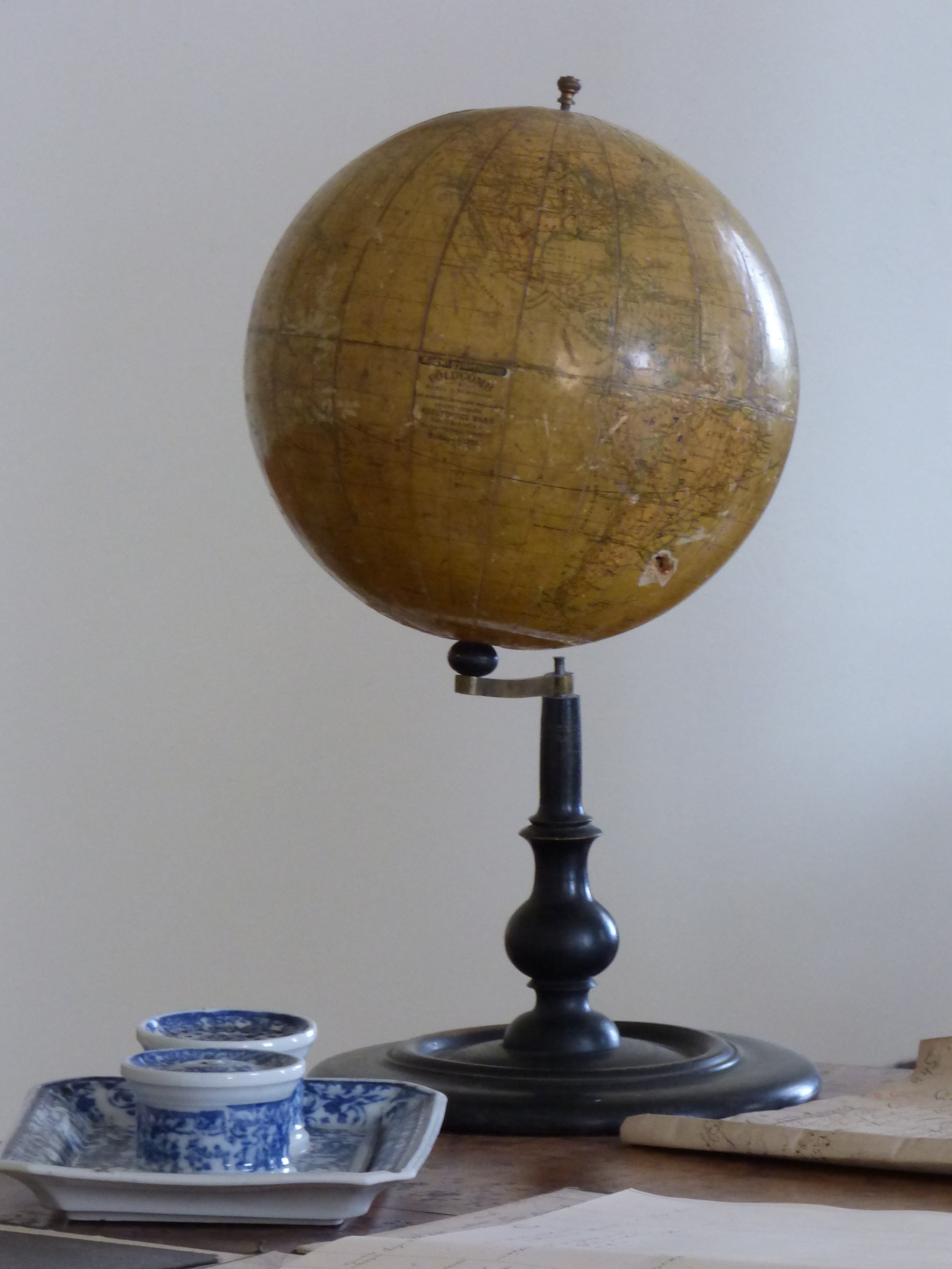 food and drink, table, globe, globus, silver colored, blue, single object, navigation, still life, copy space, 4K, gray, planet, absence, work desk, gray background, Phone HD Wallpaper