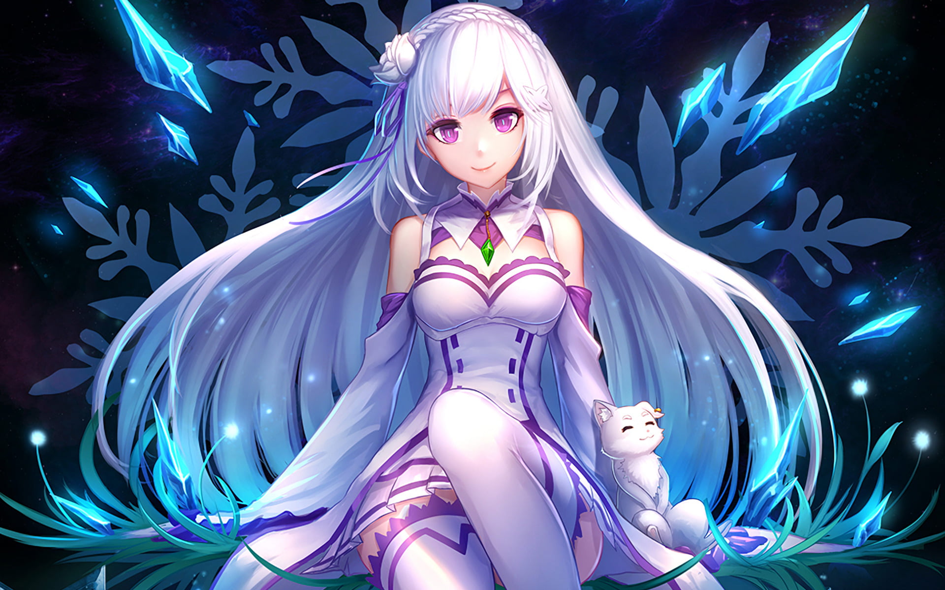 looking at camera, female likeness, three quarter length, beauty, glowing, young adult, representation, portrait, Emilia (Re:ZERO), front view, black background, HD Wallpaper