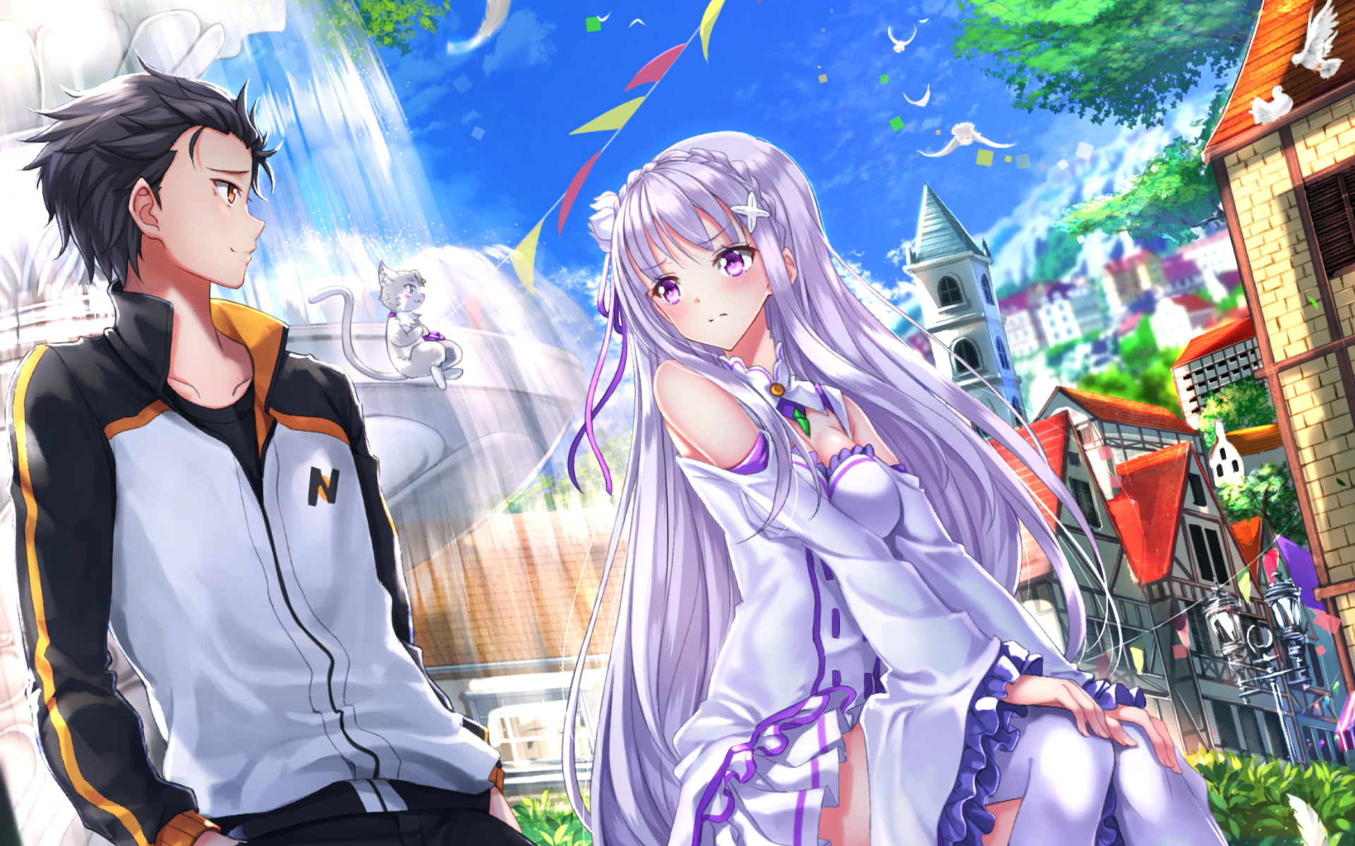 Sitting, Blush, illuminated, Cat, Re:Zero, zero, consumerism, Anime, Purple Hair, Smile, Dress, shopping, Re:ZERO -Starting Life in Another World-, multi colored, HD Wallpaper