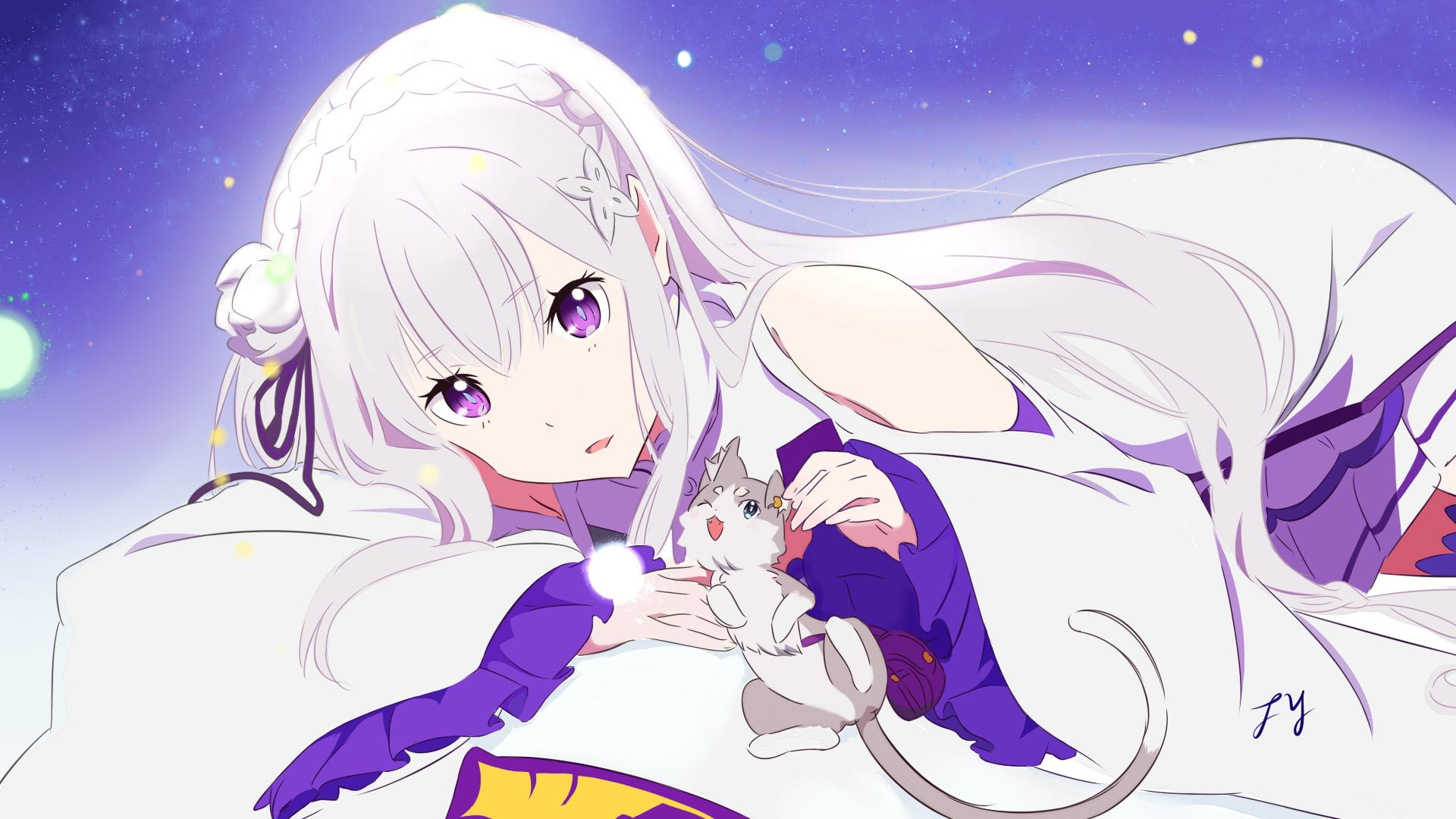 women, close-up, Anime, lifestyles, nature, creativity, hairstyle, Pack (Re:ZERO), sky, outdoors, digital composite, flower, character, 1080P, plant, Emilia (Re:ZERO), HD Wallpaper