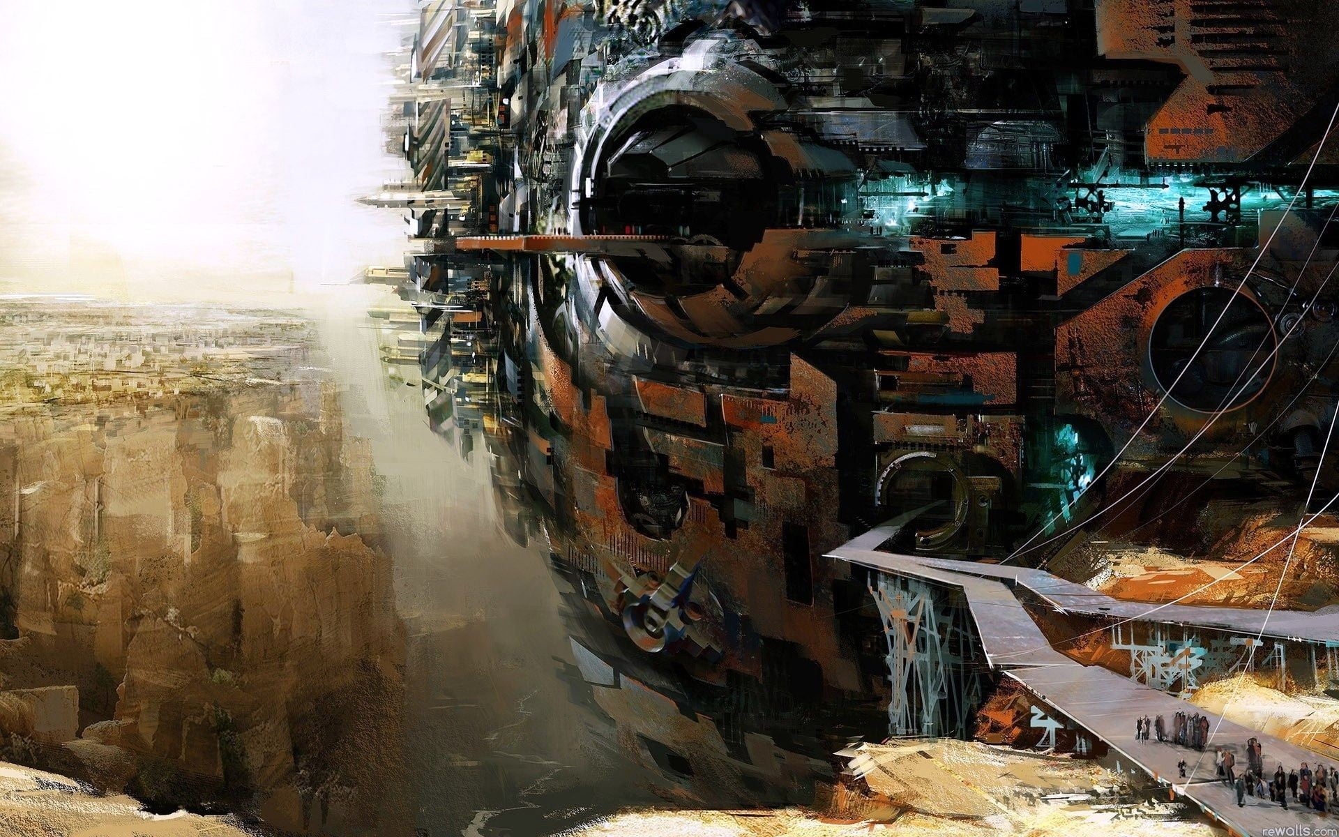 outdoors, mode of transportation, transportation, business, built structure, science fiction, canyon, machinery, artwork, Daniel Dociu, Guild Wars 2, HD Wallpaper