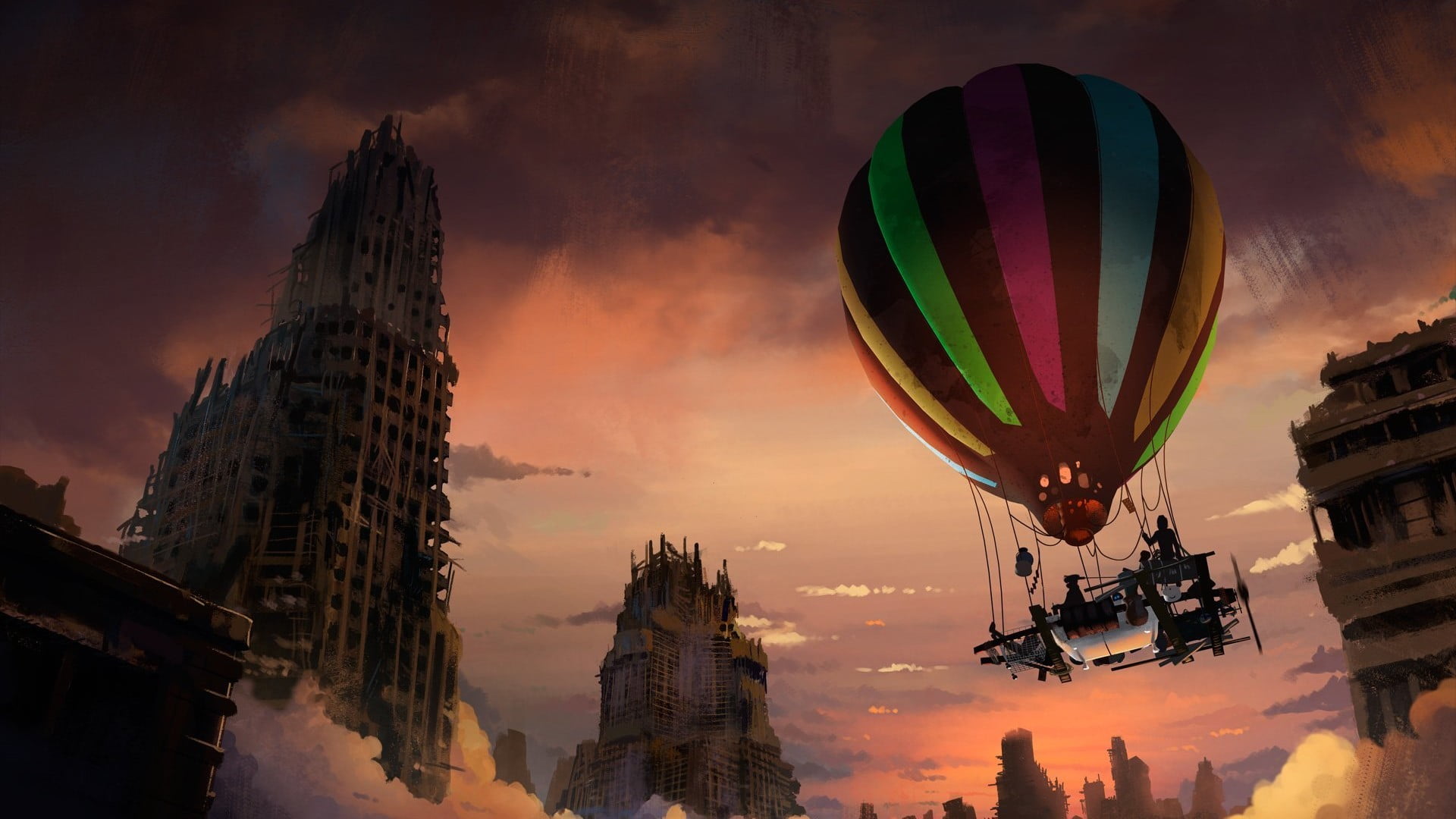 hot, flying, hot air balloon, air, travel destinations, building exterior, apocalyptic, built structure, nature, sunset, air vehicle, sky, city, mode of transportation, HD Wallpaper