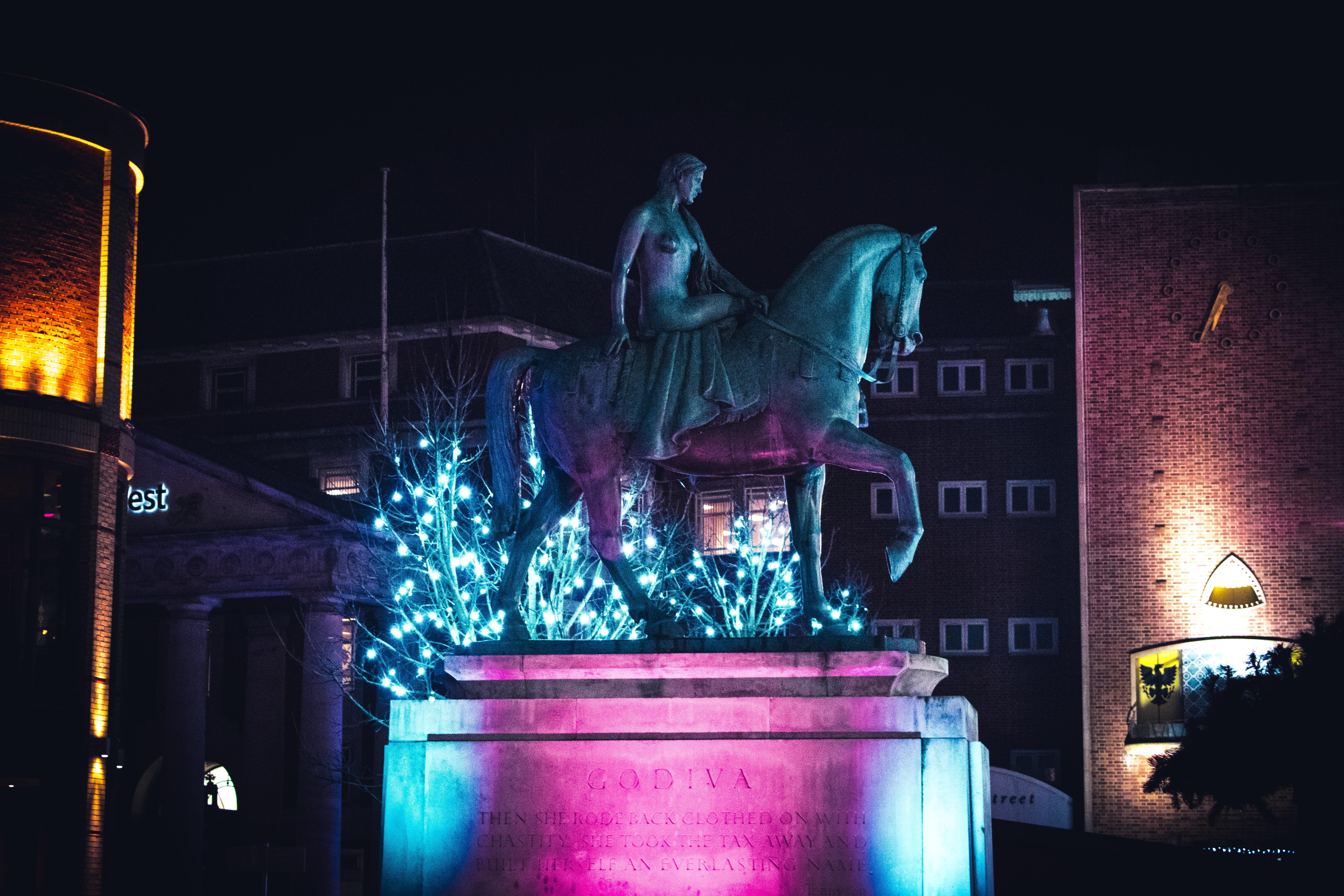 horse, nature, building exterior, coventry, creativity, lighting equipment, illuminated, girl, light, united kingdom, godiva, 5K, place of worship, representation, HD Wallpaper