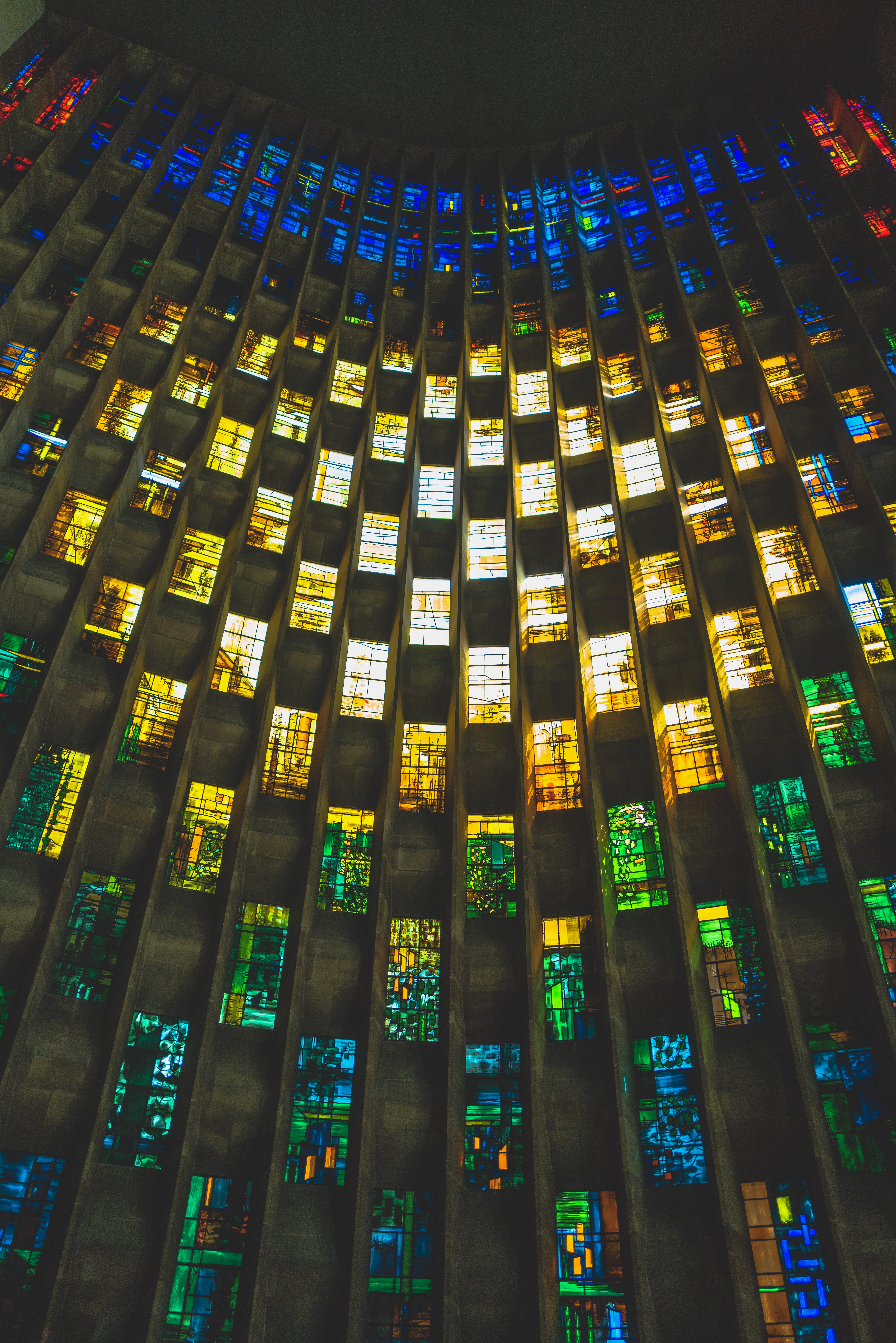 stained, glowing, window, technology, building, illuminated, town, glass, spence, office building, architecture, england, low angle view, colour, rainbow, Phone HD Wallpaper