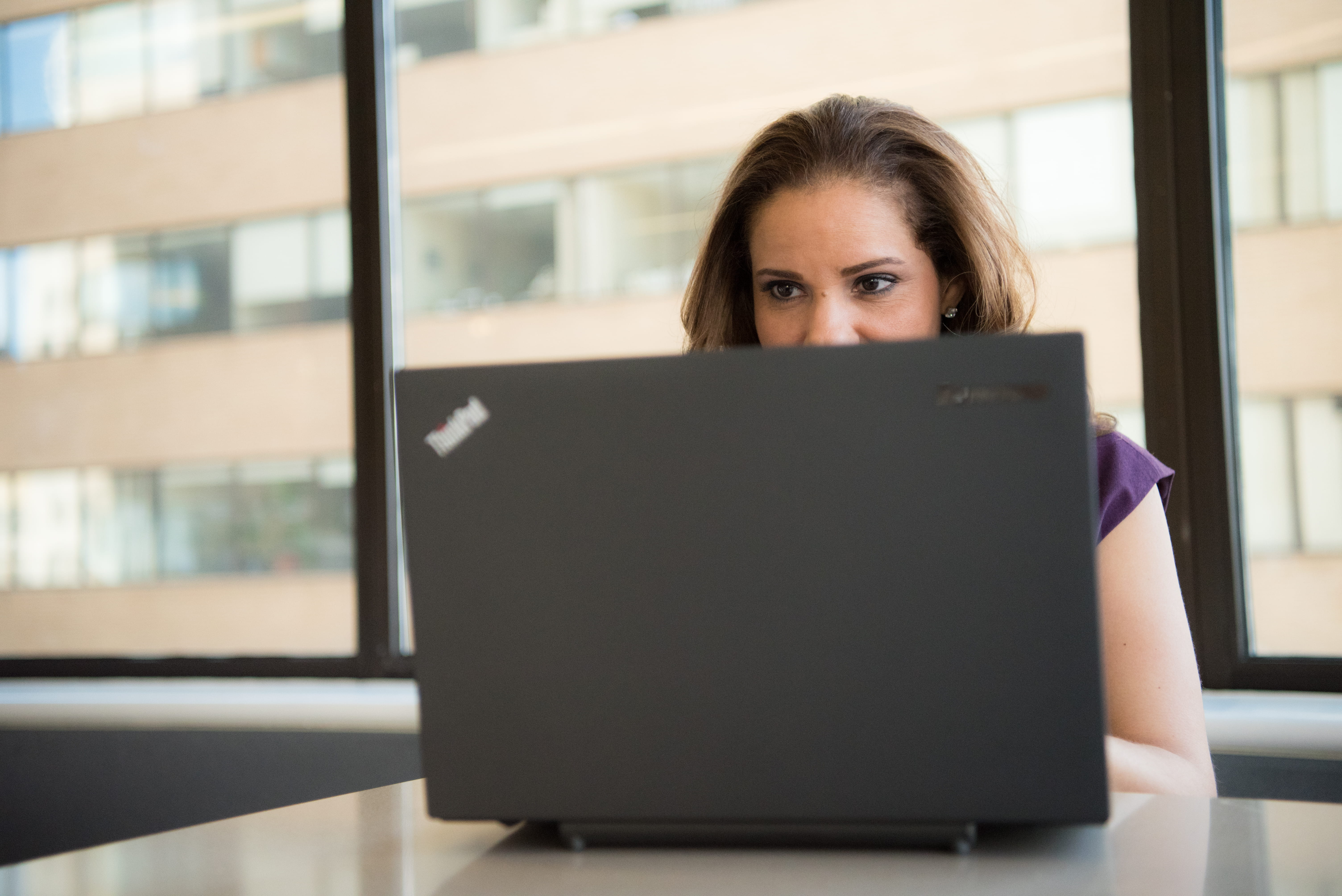 eyes, wireless, modern, top, thinkpad, lenovo, wearing, 5K, front view, portrait, person, electronics, working, table, blond hair, women, looking at camera, HD Wallpaper