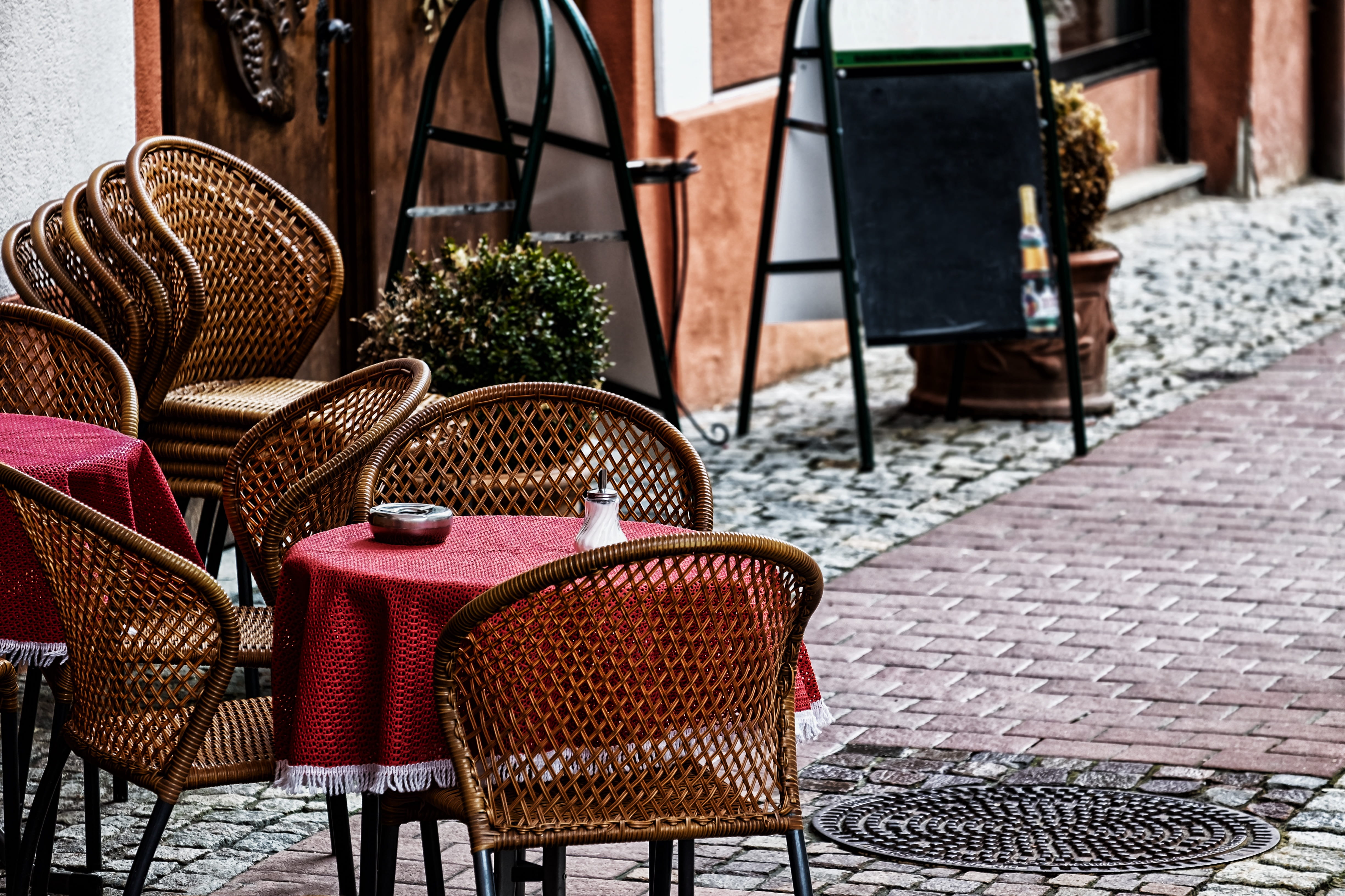 downtown, photo, 4K, nature, gastronomy, business, armchair, wicker, empty, no people, wooden, seating area, footpath, brown, seat, seating, pedestrian zone, HD Wallpaper