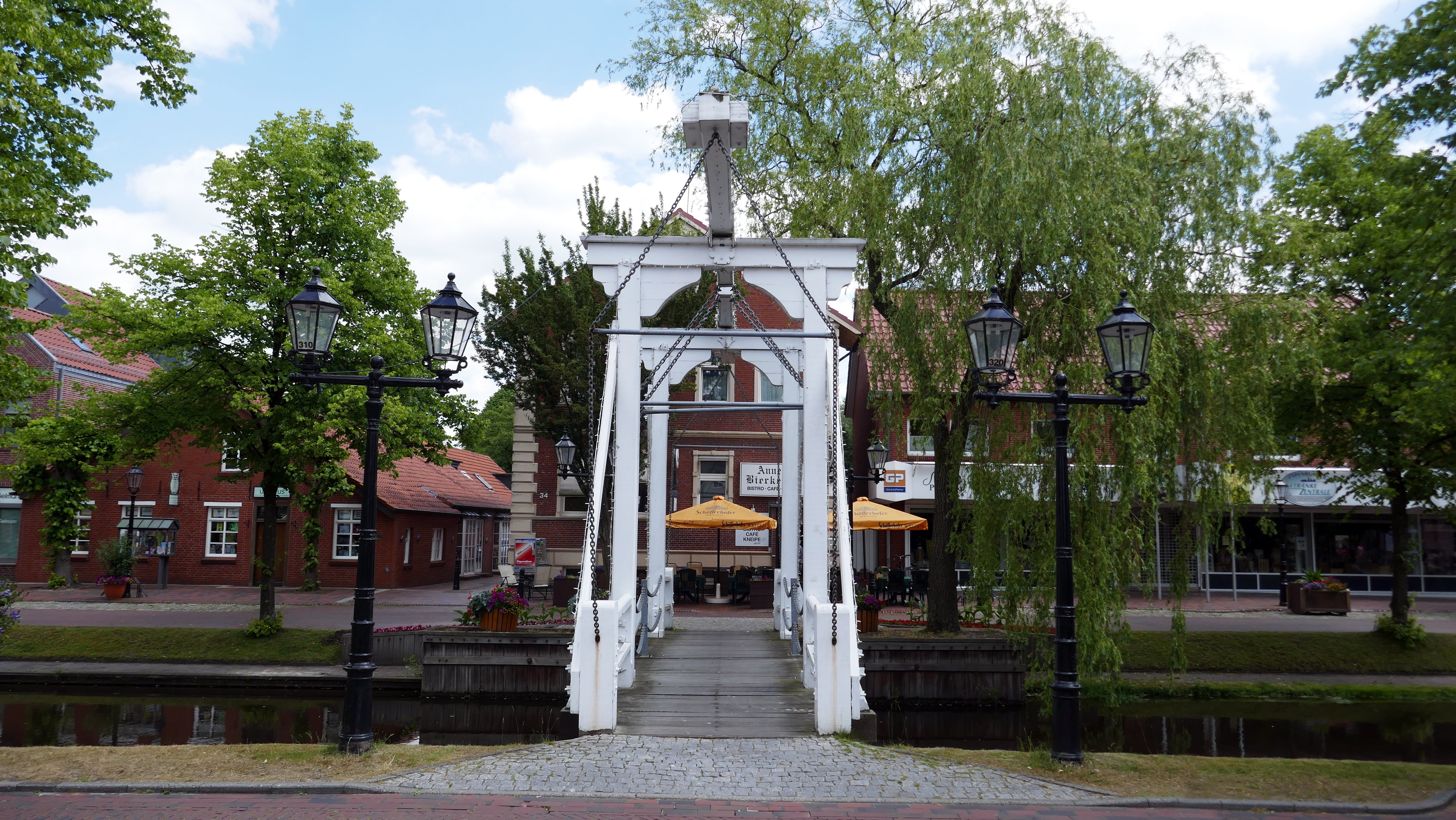 built structure, day, direction, building exterior, papenburg germany, water, outdoors, bridge, staircase, 5K, park - man made space, idyllic, city, tree, HD Wallpaper