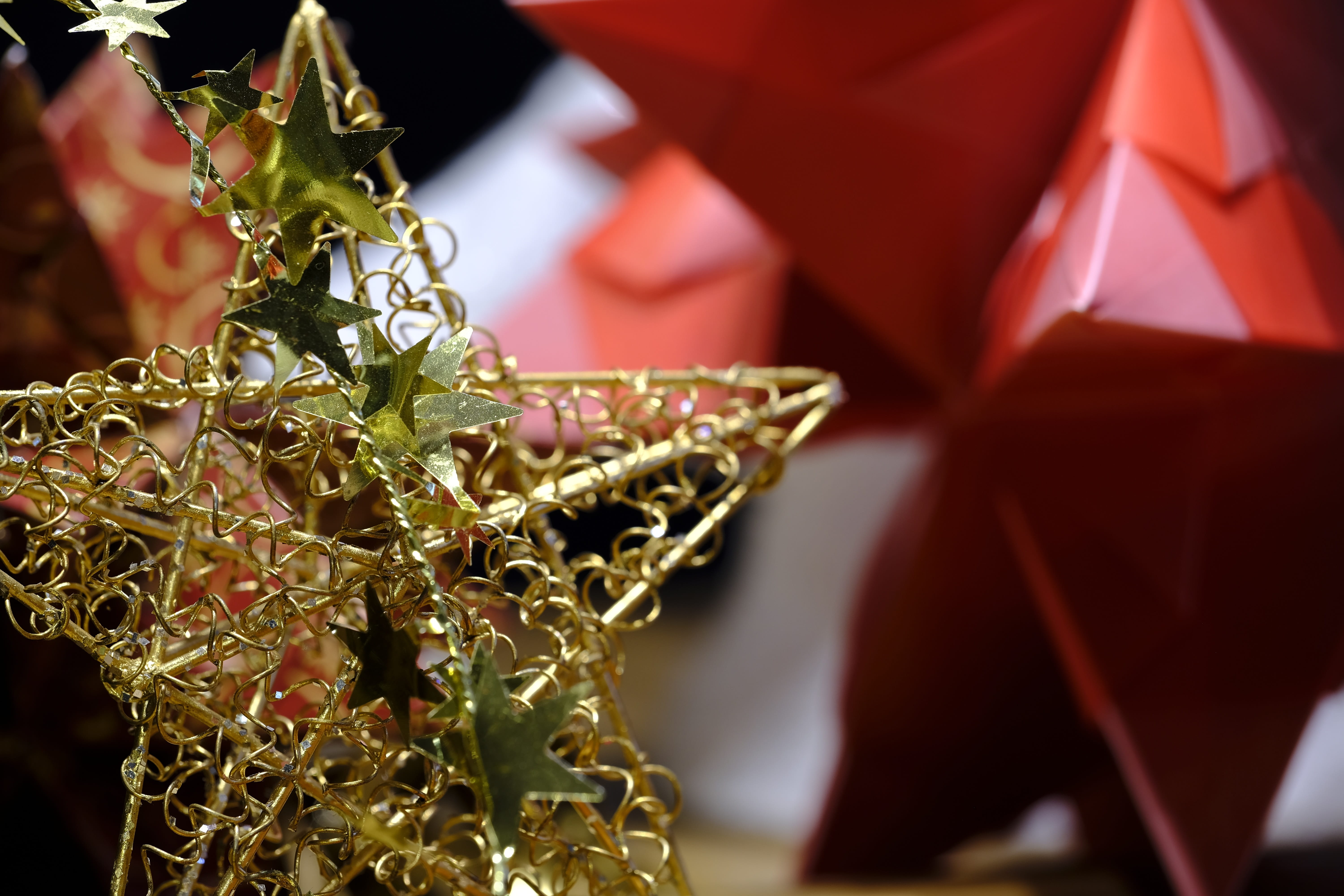 focus on foreground, close-up, star, decoration, christmas decoration, celebration, event, no people, plant, religion, selective focus, advent, poinsettia, HD Wallpaper