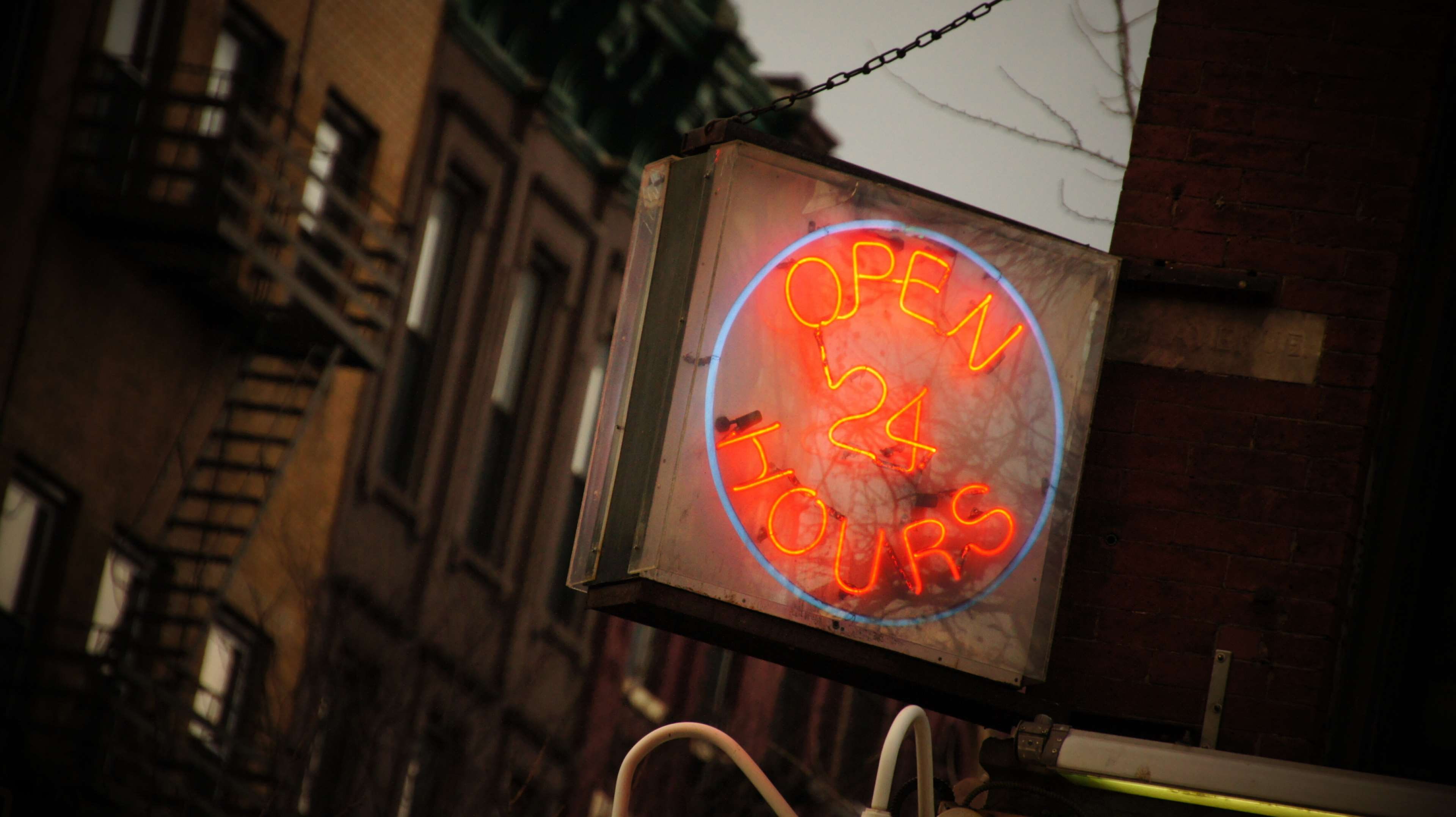 4K, focus on foreground, metal industry, neon signs, building exterior, close-up, burning, food and drink, day, open 24 hours, built structure, glowing, HD Wallpaper