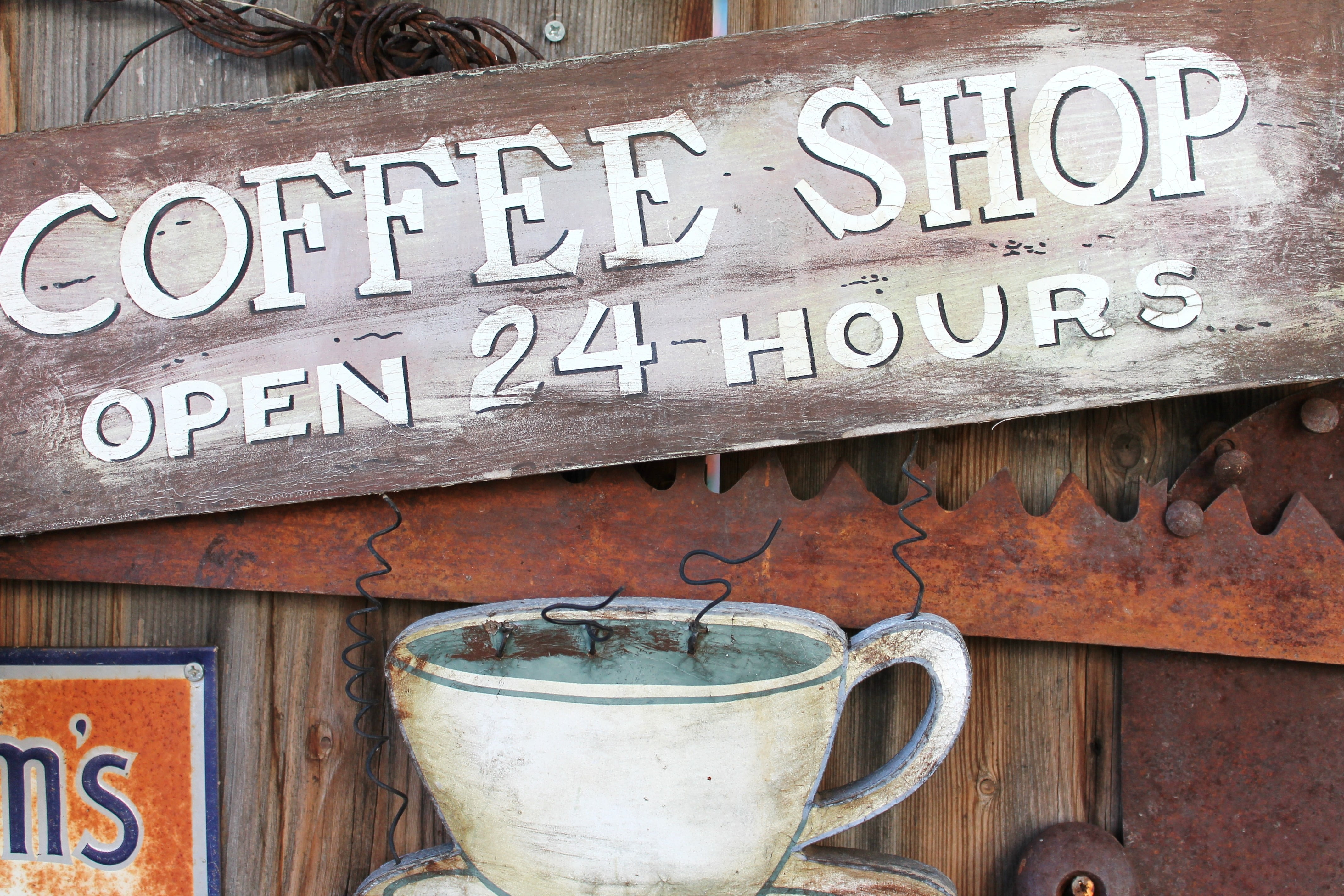 western script, drink, communication, built structure, close-up, advertising, text, amber avalona, retro, outdoors, hours, wood - material, grunge, espresso, HD Wallpaper