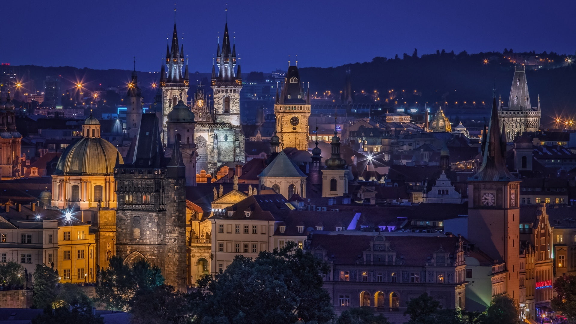 czechia, prague, sky, evening, night, dusk, tower, 1080P, czech republic, skyline, urban area, europe, HD Wallpaper