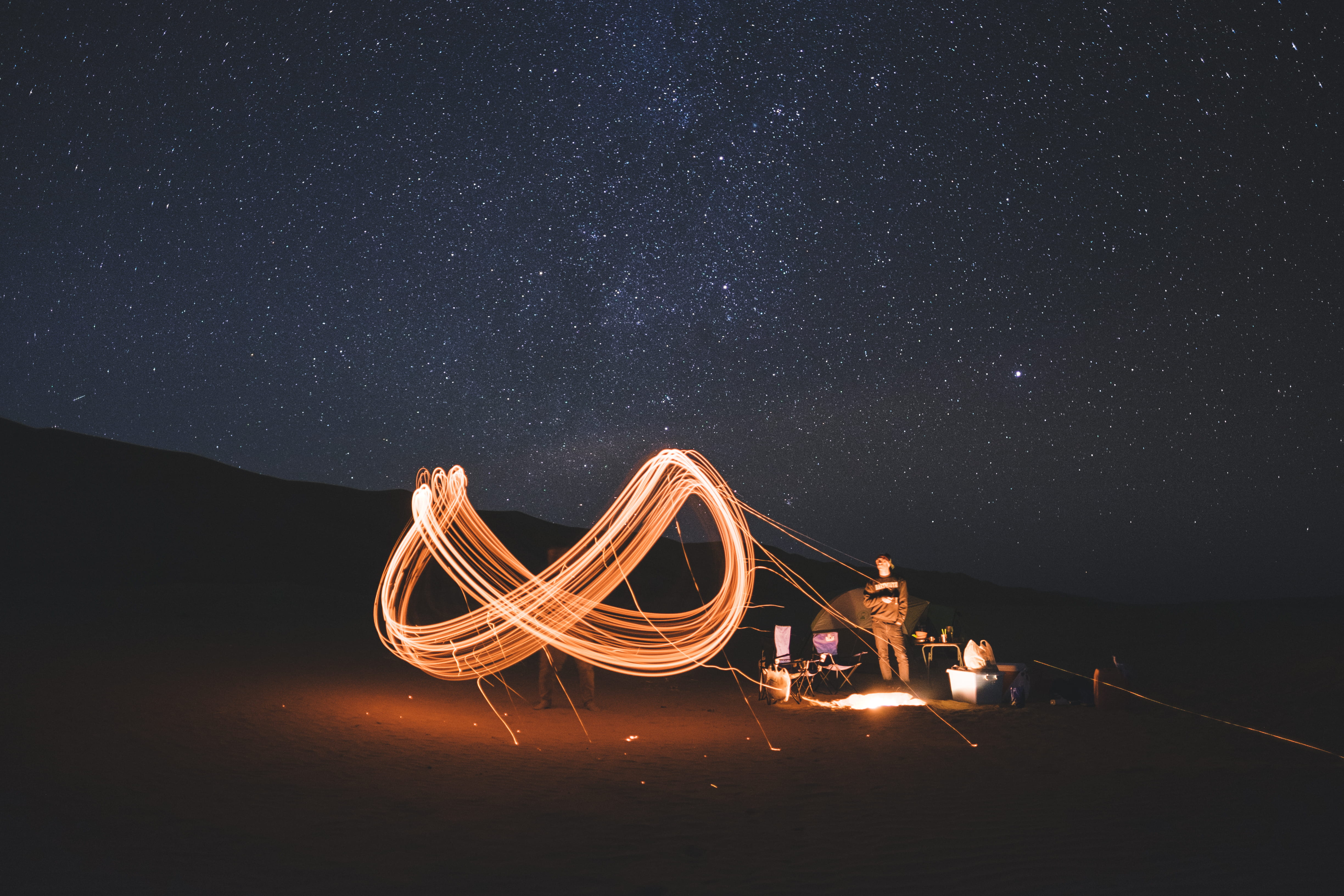night sky, blurred motion, campfire, timelapse, star - space, light - natural phenomenon, burning, standing, light drawing, glowing, light, motion, dancing, HD Wallpaper