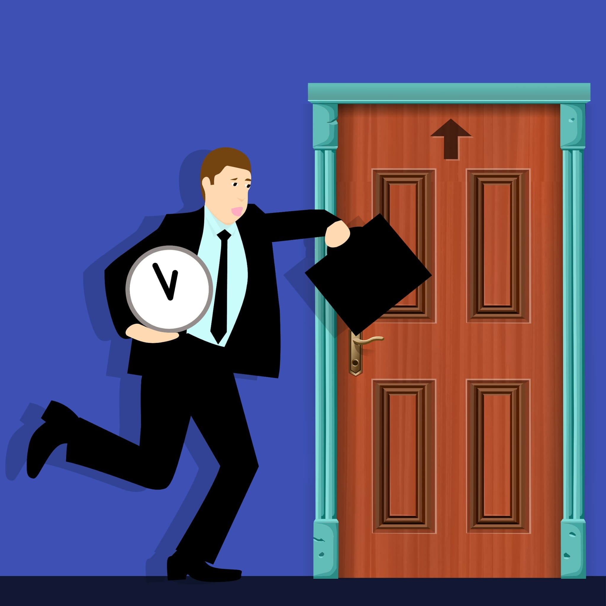 representation, time, rush, man, adult, door, 1080P, illustration, blue, business, built structure, standing, business people, one person, young business man, Phone HD Wallpaper