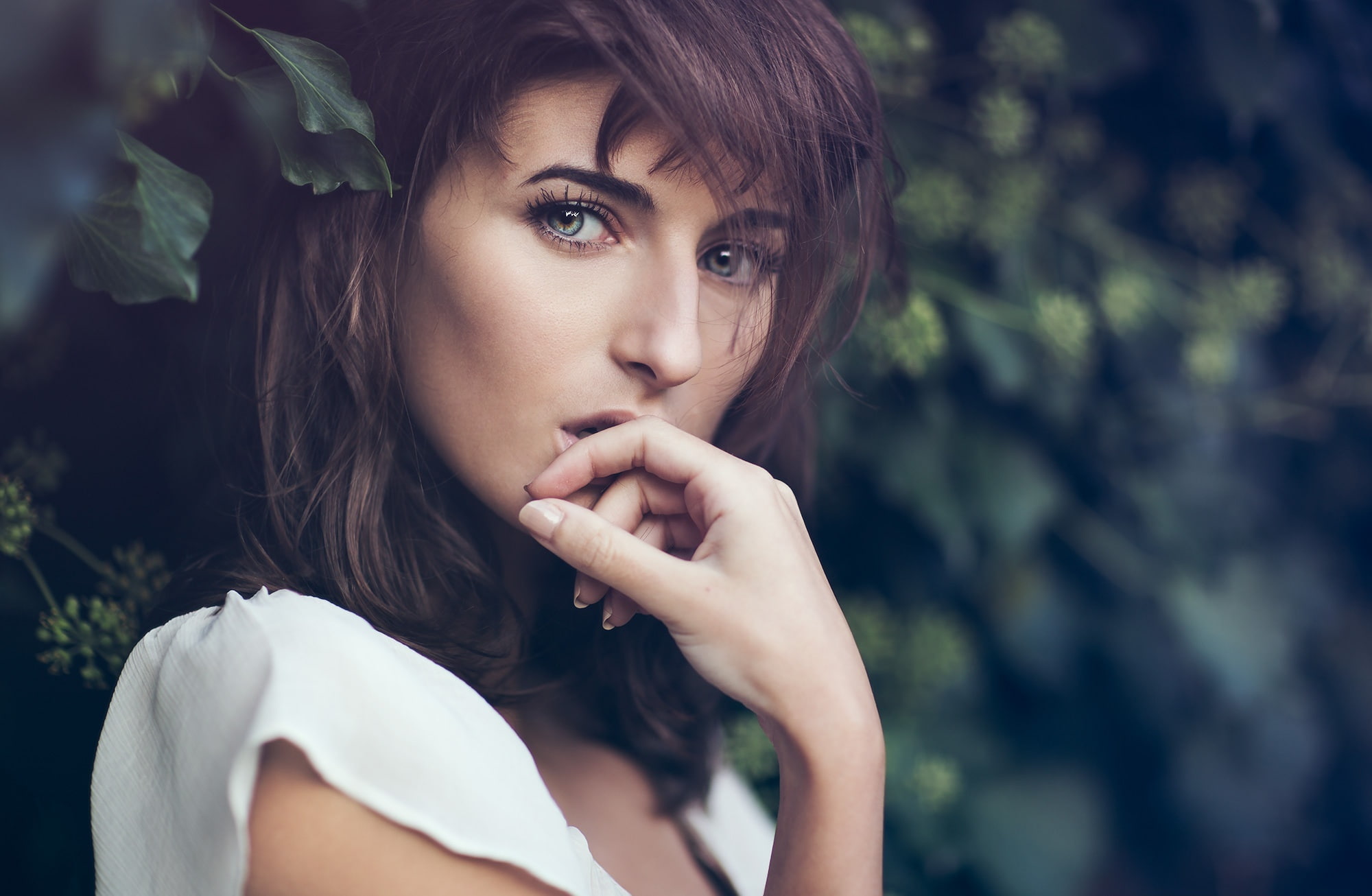 depression - sadness, close-up, white, green, looking, contemplation, bokeh, young women, sadness, looking at camera, young adult, Hair, human face, top, HD Wallpaper