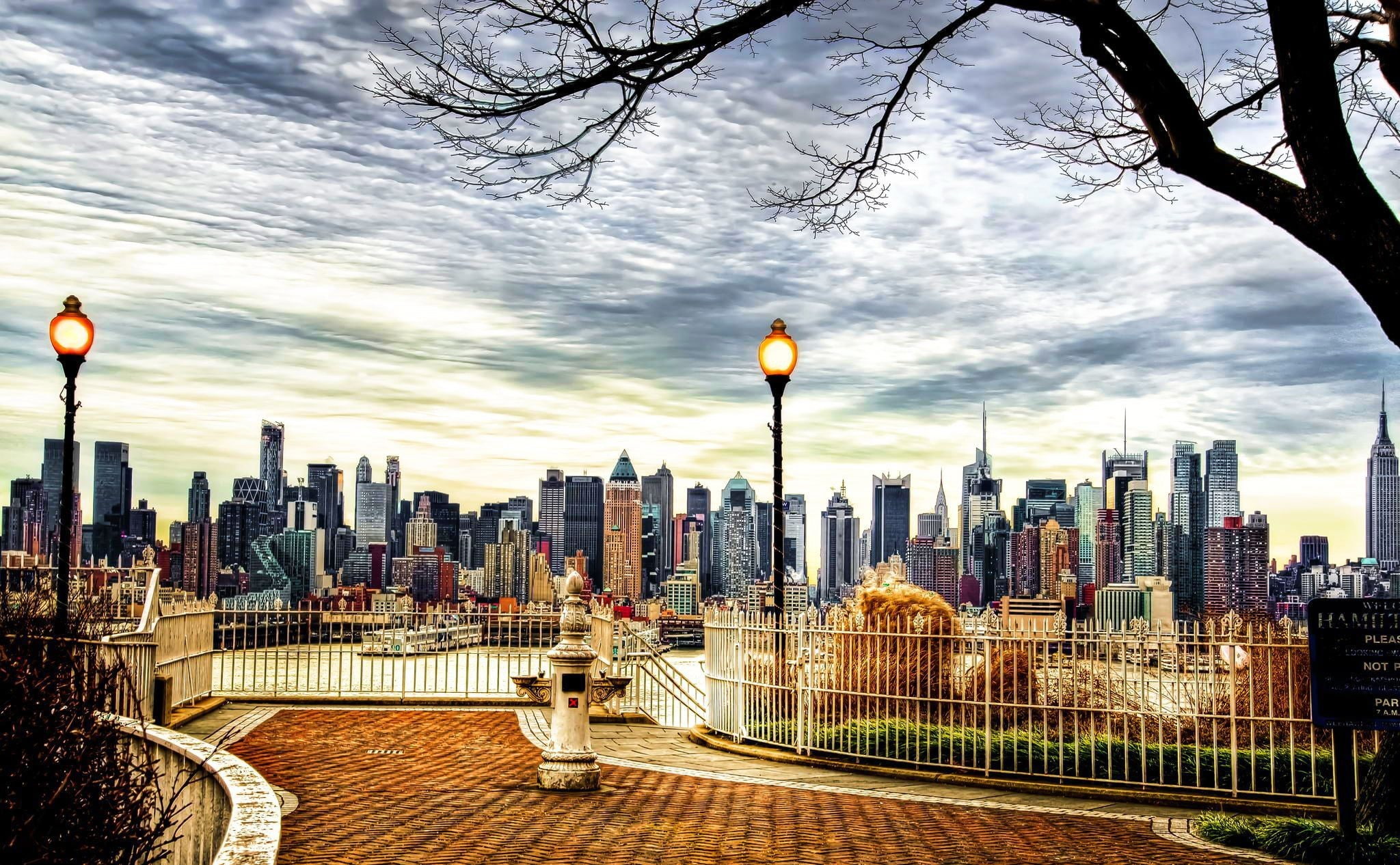 1080P, street light, skyscraper, New York City, USA, architecture, water, trees, cityscape, building, clouds, HD Wallpaper