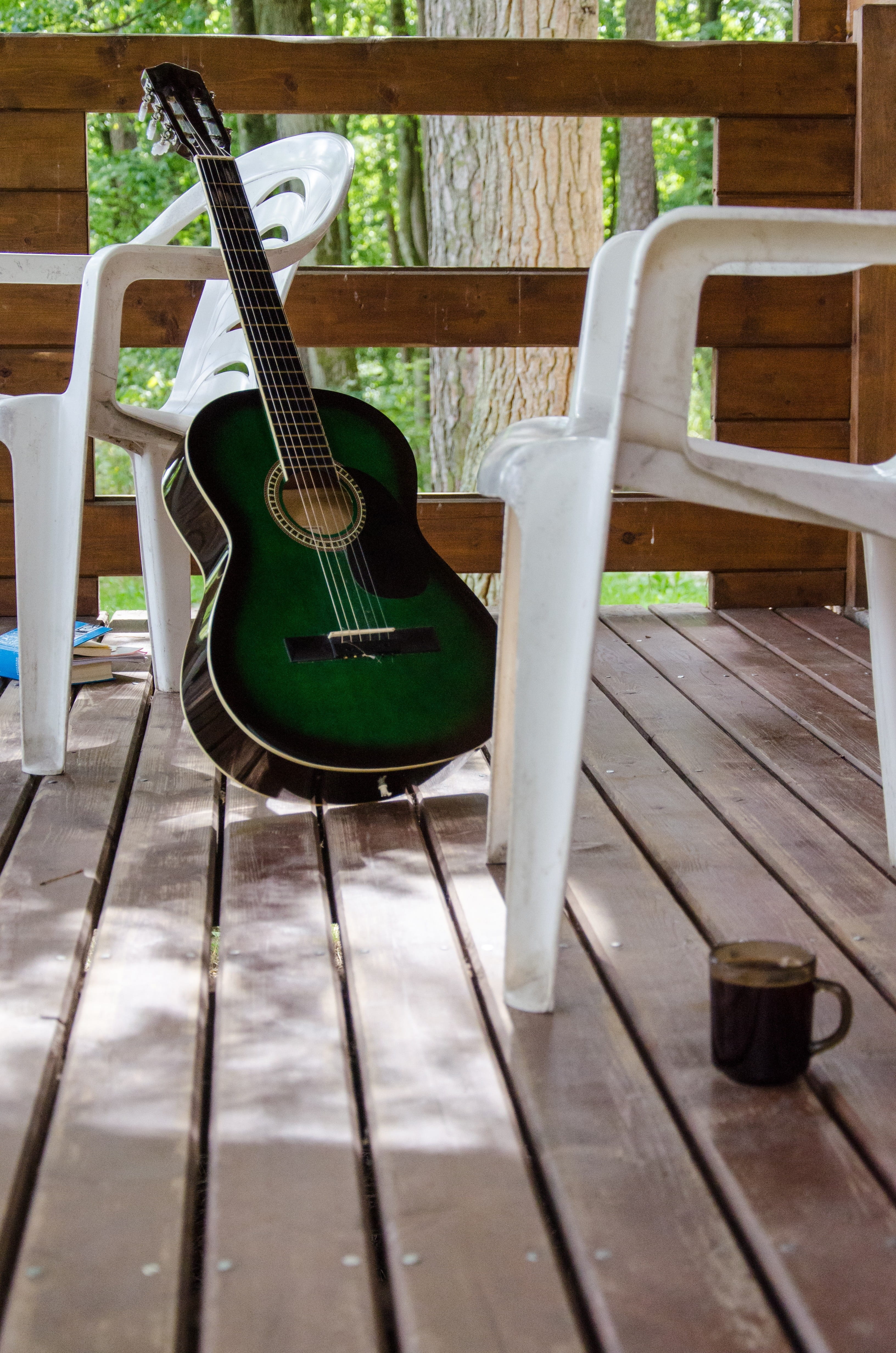 outdoor, musical instrument string, guitar, floor, railing, table, playing, day, coffee cup, porch, instrument, furniture, musical instrument, vacation, Phone HD Wallpaper