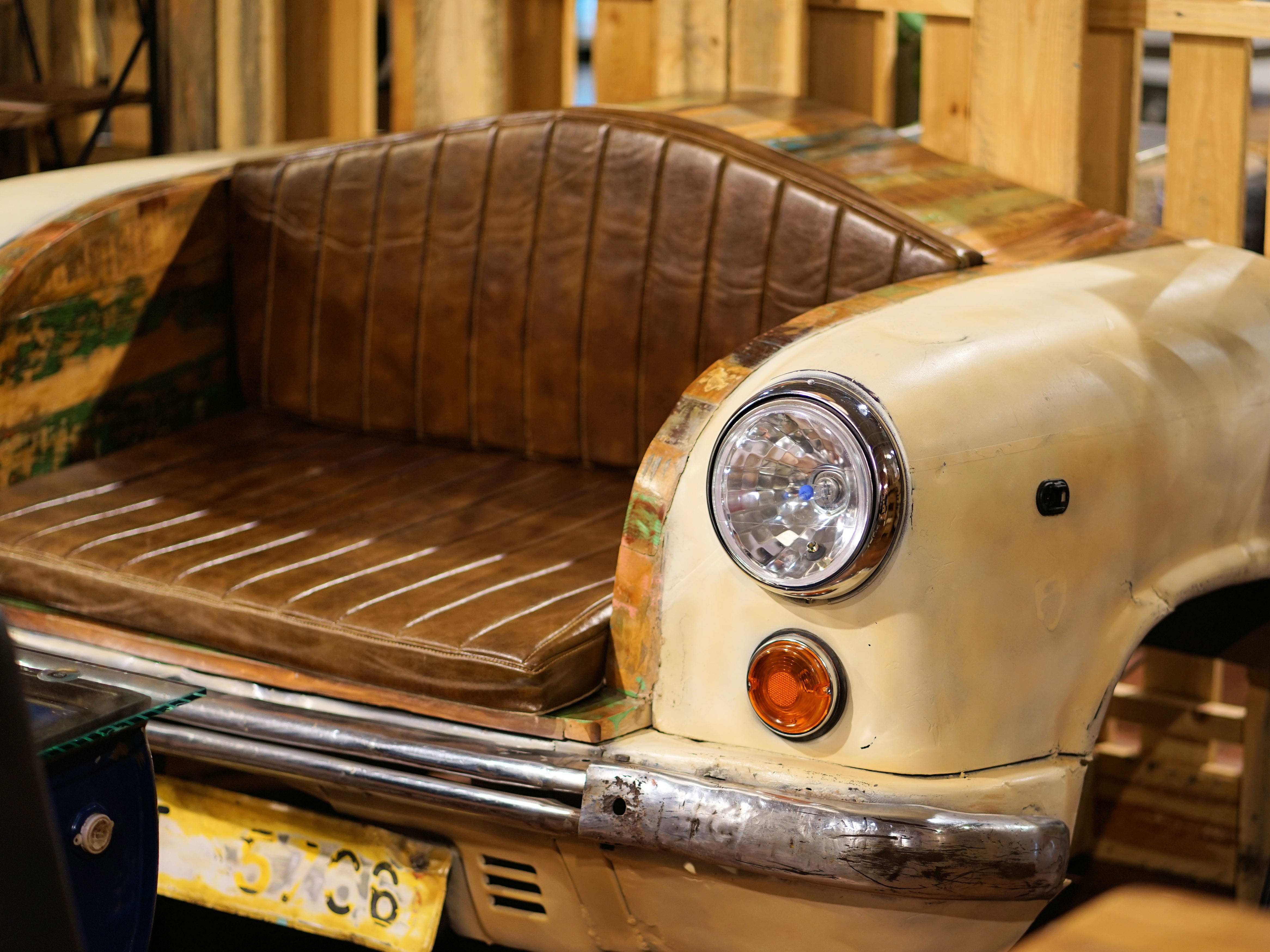 headlight, motor vehicle, seat, relax, metal, seating area, quiet zone, wood - material, sit, 4K, furniture, bank, shop, rest, no people, travel, focus on foreground, HD Wallpaper