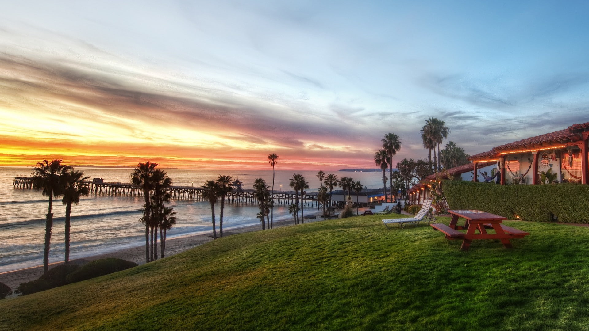beach, land, outdoors, nature, palm trees, built structure, USA, water, clouds, branch, no people, building exterior, lights, architecture, field, beauty in nature, HD Wallpaper