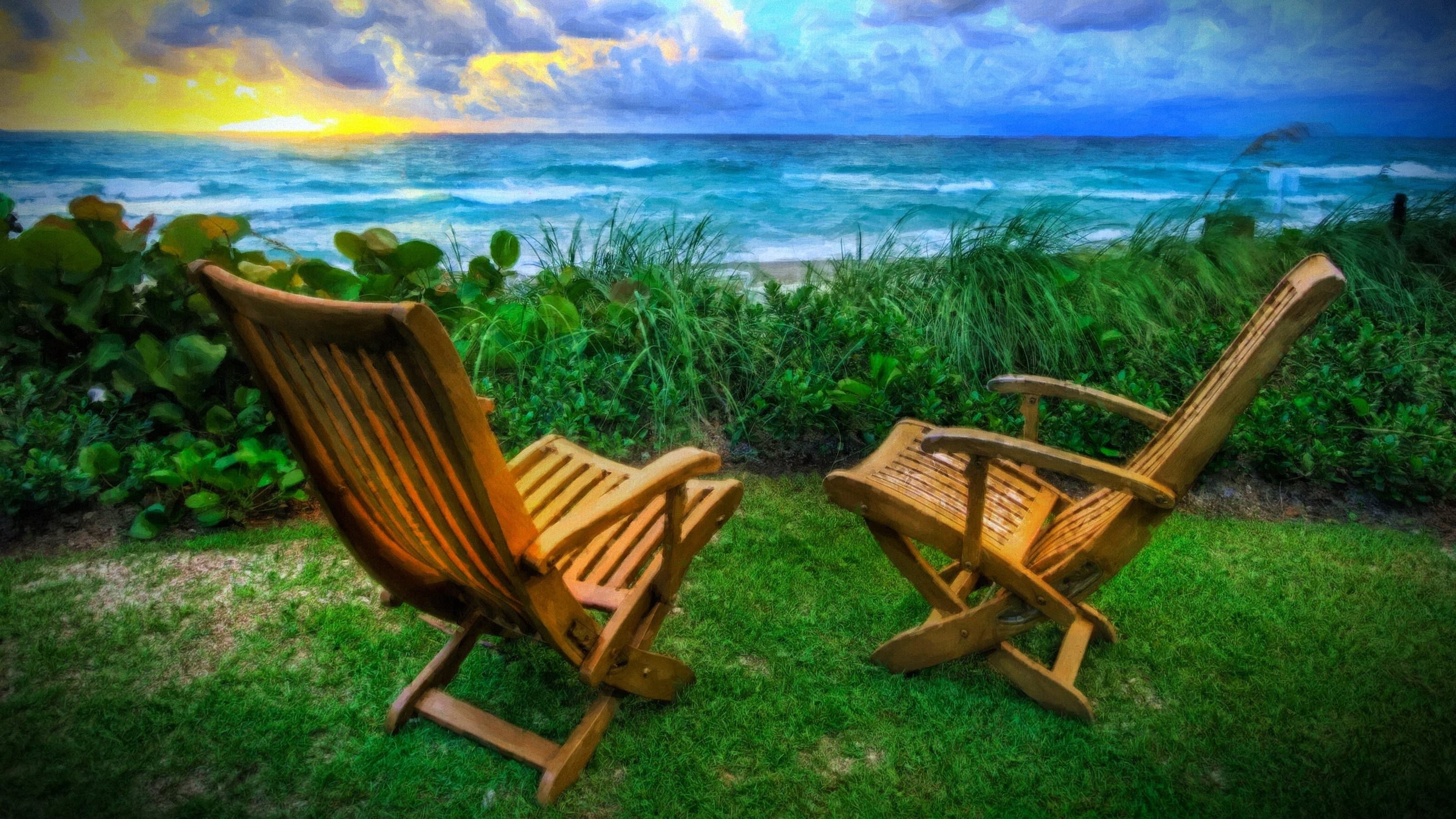 sky, outdoors, green color, land, tranquil scene, empty, cloud - sky, sea, wood - material, absence, deck chair, seat, grass, no people, plant, water, nature, HD Wallpaper