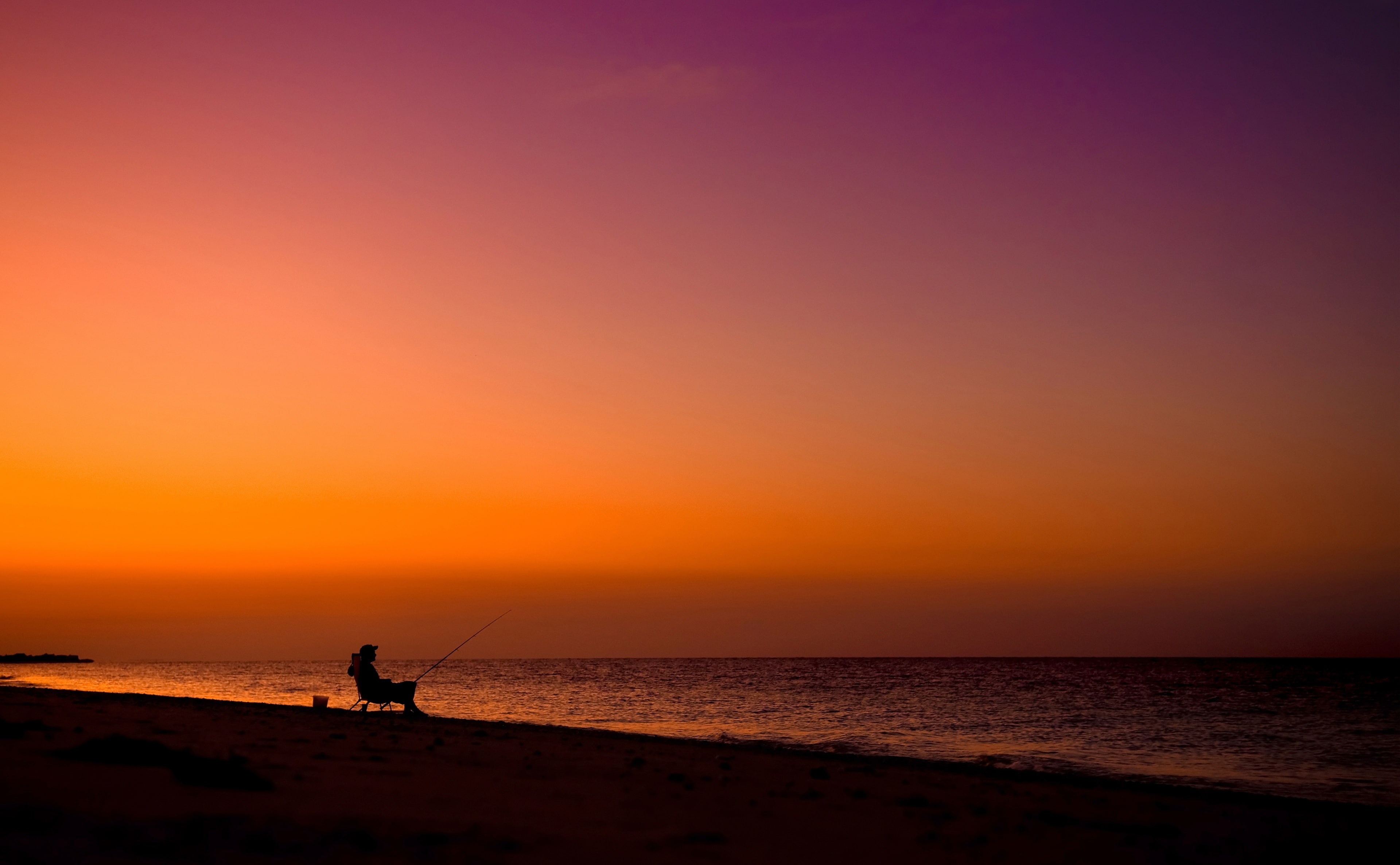 beauty in nature, Silhouette, land, orange color, person, Beach, outdoors, copy space, sky, horizon, one person, sea, leisure activity, deck, Nature, scenics - nature, HD Wallpaper