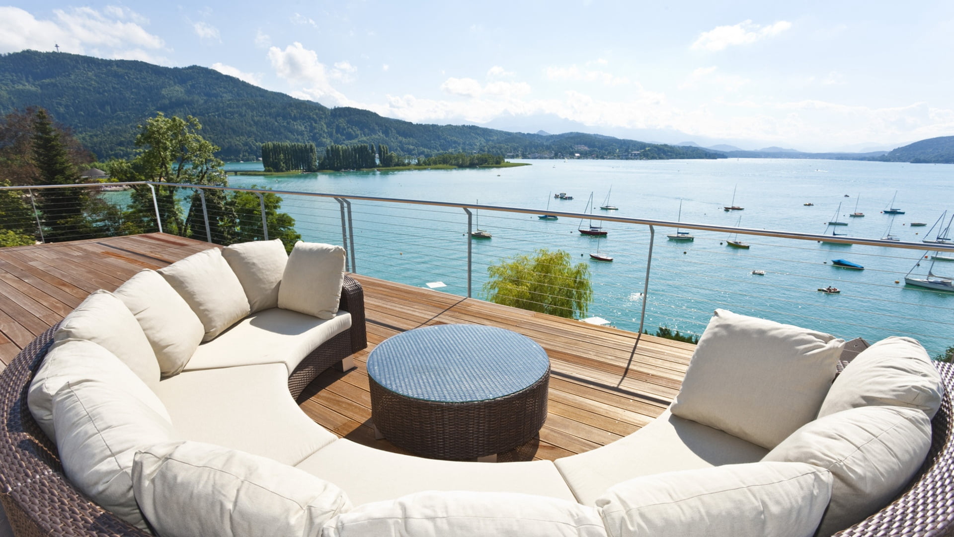 balcony, vacations, tree, scenics - nature, couch, tranquil Scene, beauty In Nature, day, landscape, deck, patio, sea, tourist Resort, lake, summer, wealth, HD Wallpaper