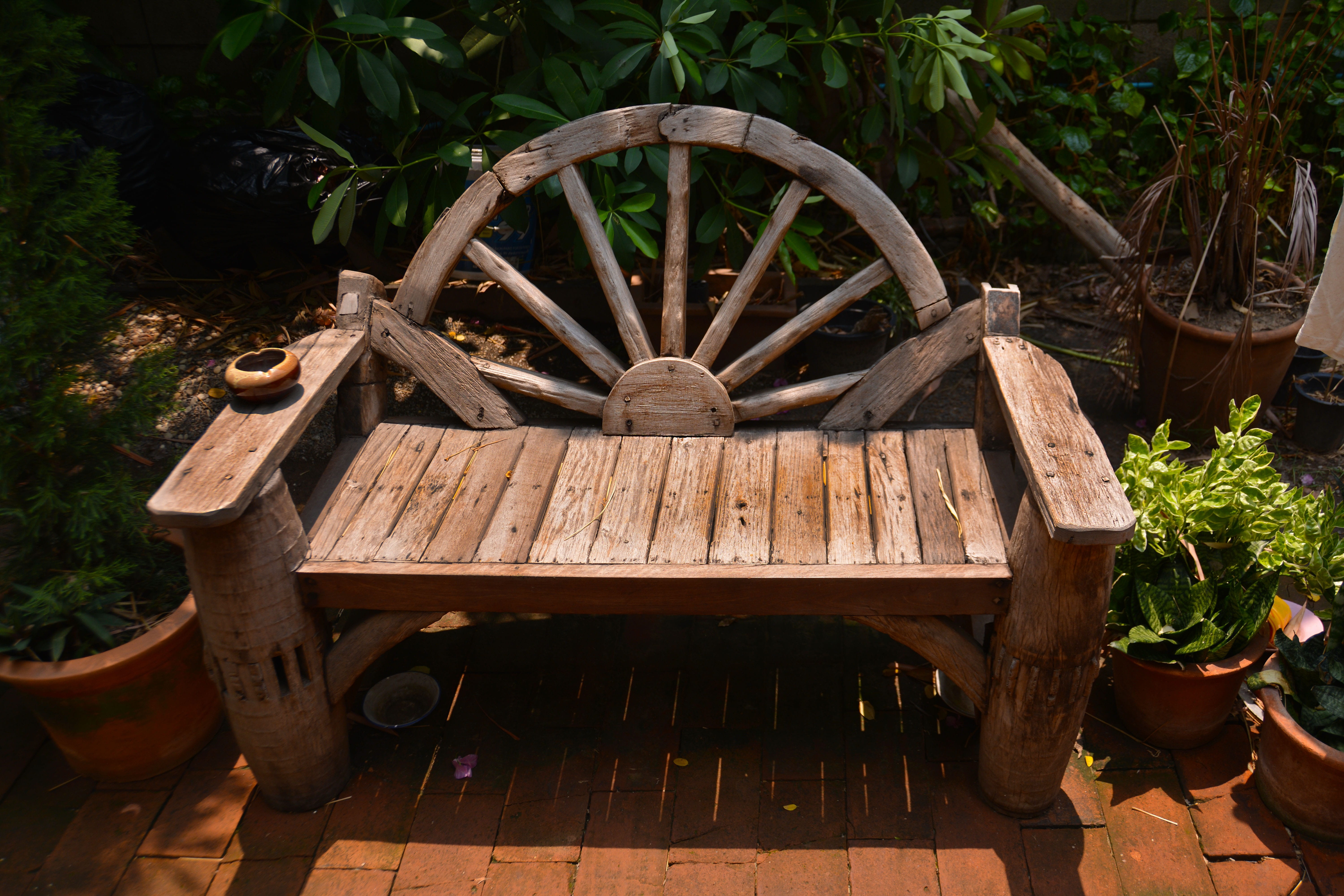 garden seat, no people, land, comfortable, armchair, park, day, outdoors, sunlight, summer, tree, old, 5K, garden furniture, wheel, plant, seating, bench, HD Wallpaper