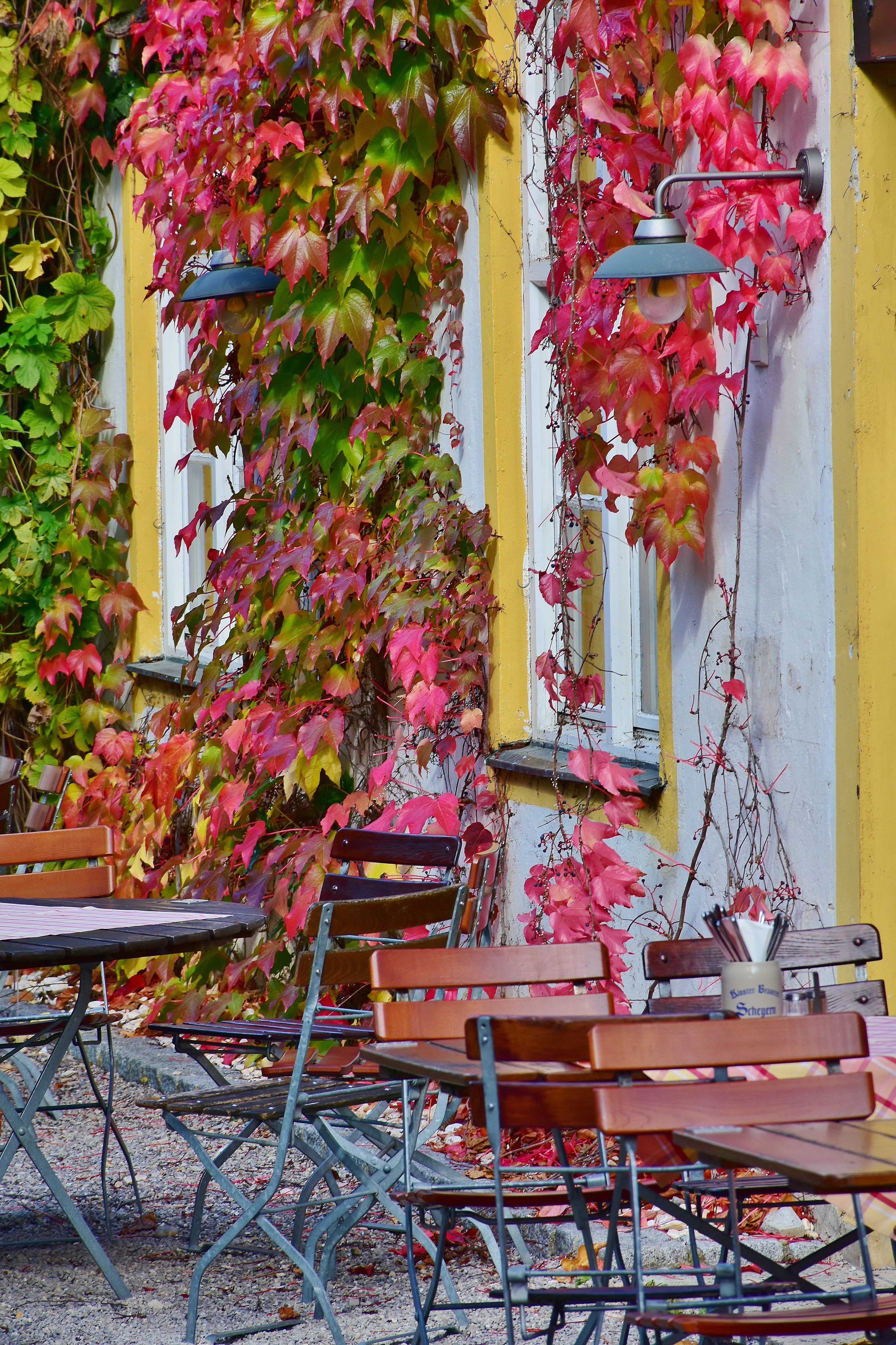 chair, chairs, sit, daytime, drink, wood - material, house, built structure, red, autumn sun, gastronomy, no people, building exterior, monastery, two, Phone HD Wallpaper