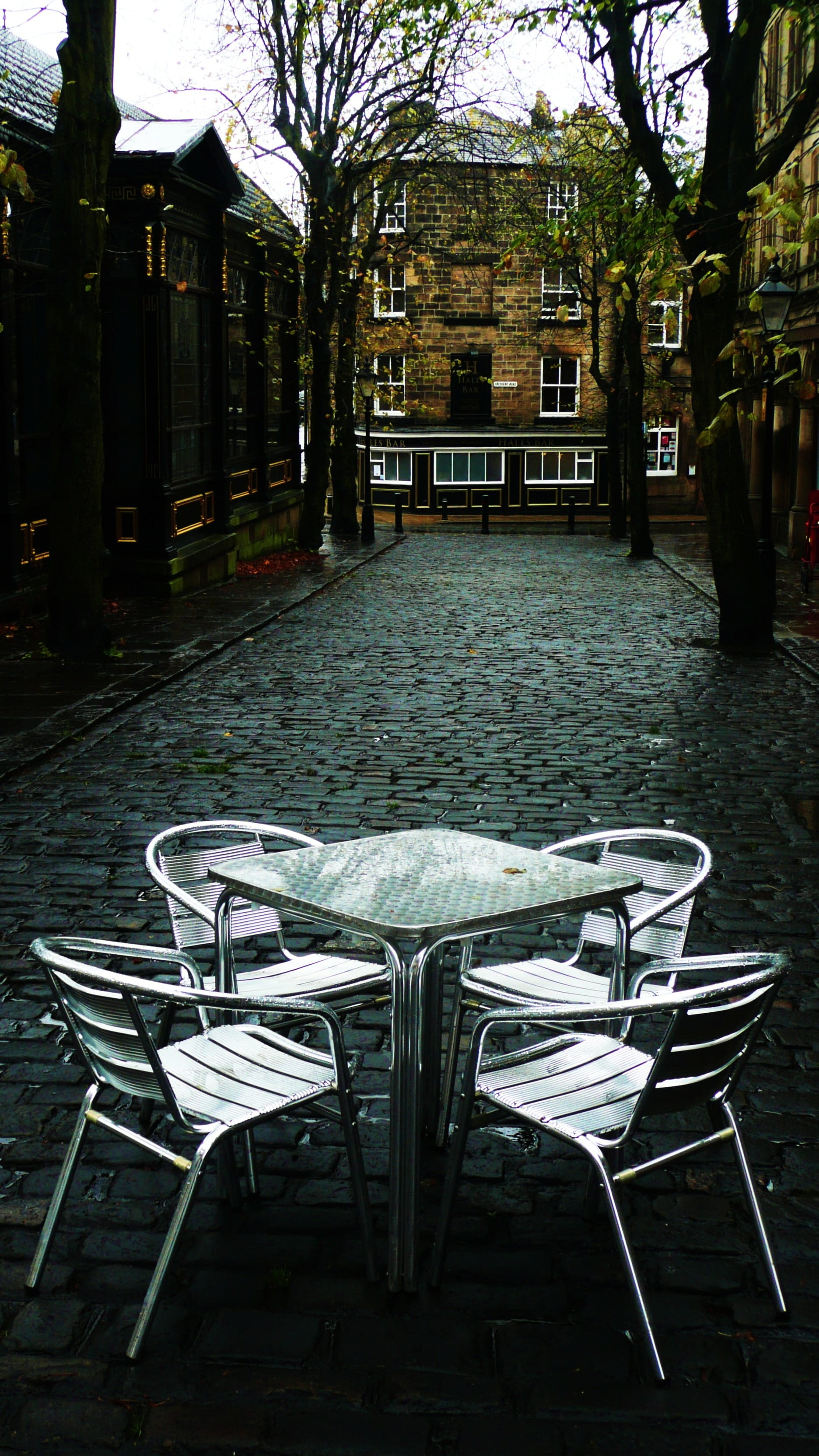no People, absence, Table, setting, exterior, footpath, Chairs, cafe, patio, outdoor, built structure, europe, outdoors, chair, empty, day, Furniture, sit, Phone HD Wallpaper