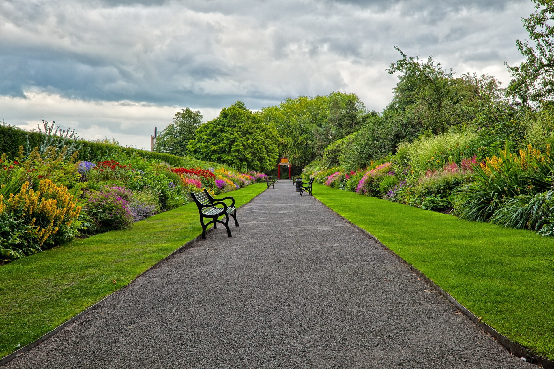 leaf, beauty In Nature, landscaped, blue, tree, road, season, outdoors, formal Garden, field, grass, plant, gray, springtime, cloud - sky, diminishing perspective, HD Wallpaper