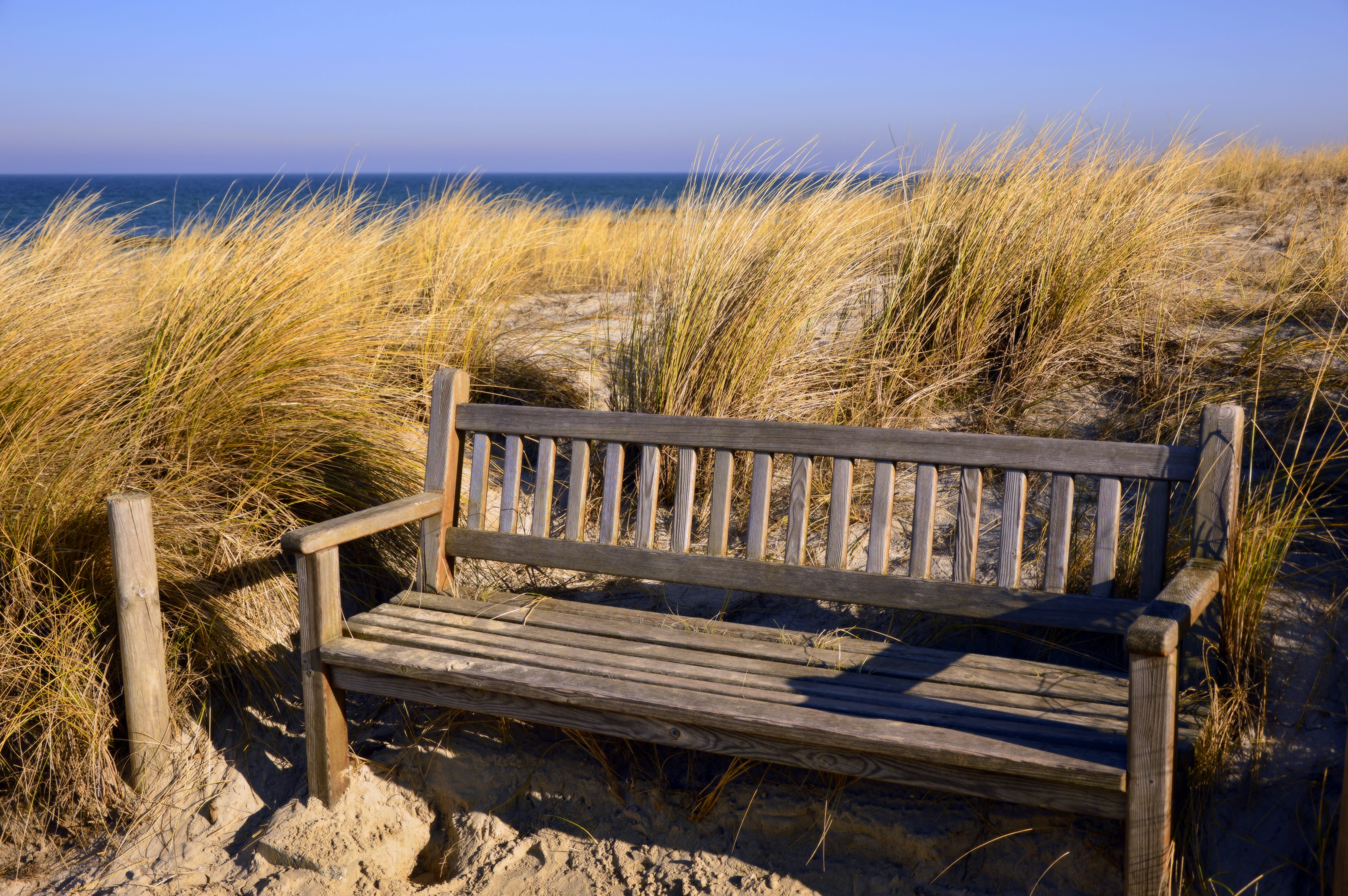 sand dune, tranquility, tranquil scene, horizon, bench, sea, break, bank, vacations, no people, relaxation, trip, rest, dunes, scenics - nature, outdoors, HD Wallpaper