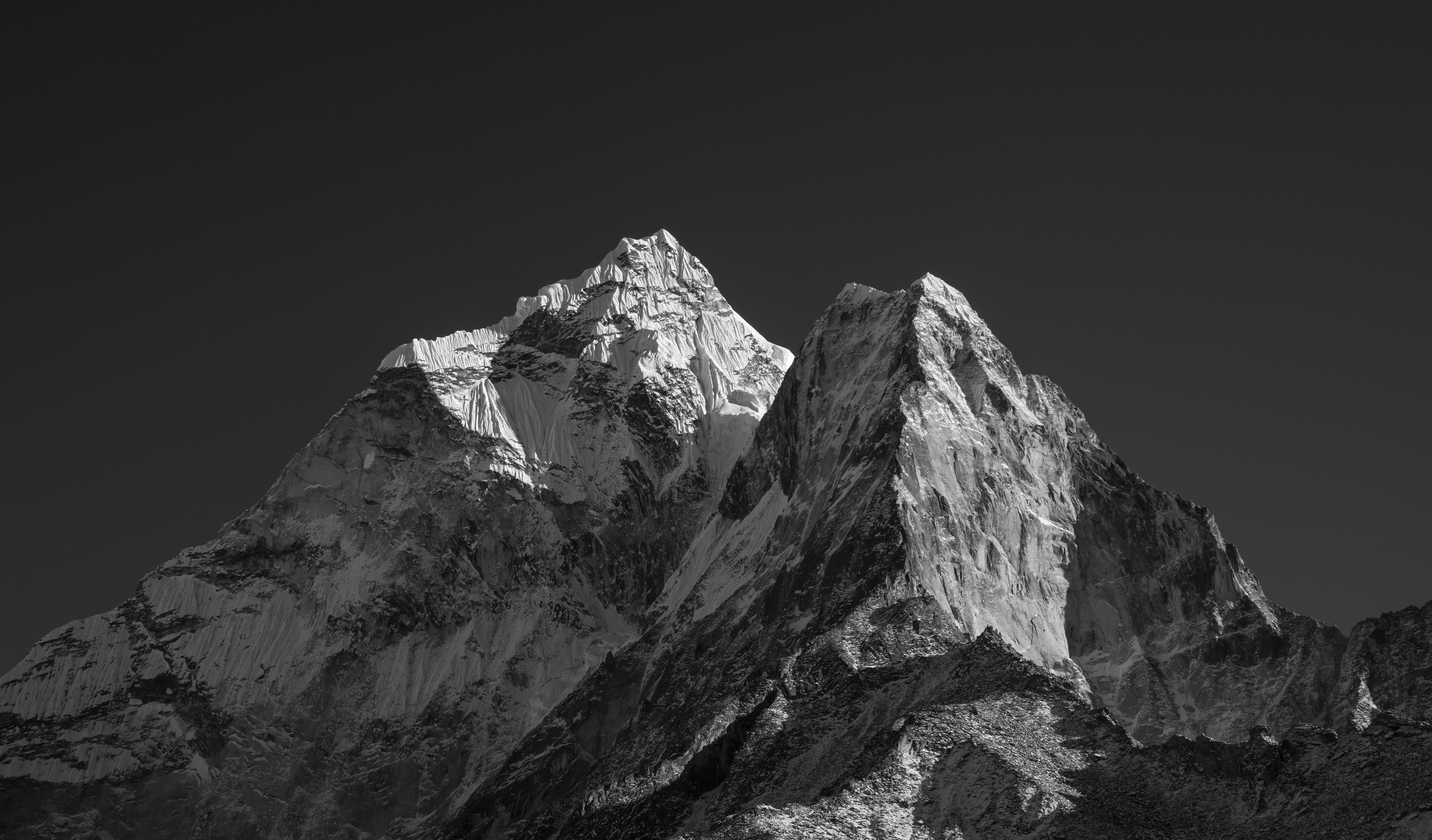 solid, amadablam, rock, low angle view, altitude, tranquil scene, snowcapped mountain, adventure, rock formation, mountain range, grayscale, travel, mountain peak, HD Wallpaper