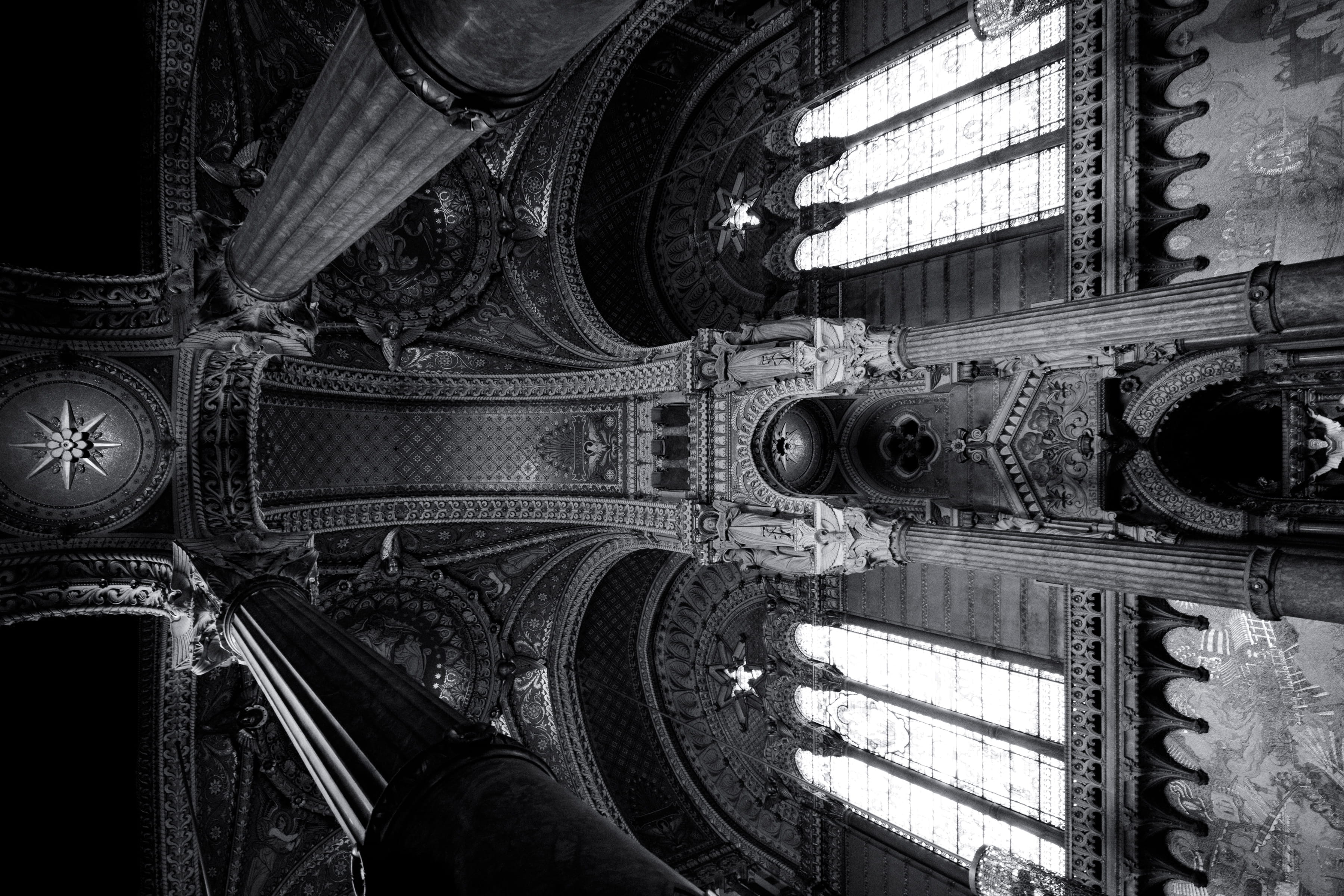 low angle view, bnwminimalismmag, travel destinations, pattern, dark, religion, neo, lights, ornate, blacknwhite, basilica, 2K, close-up, bw, theprintswap, HD Wallpaper