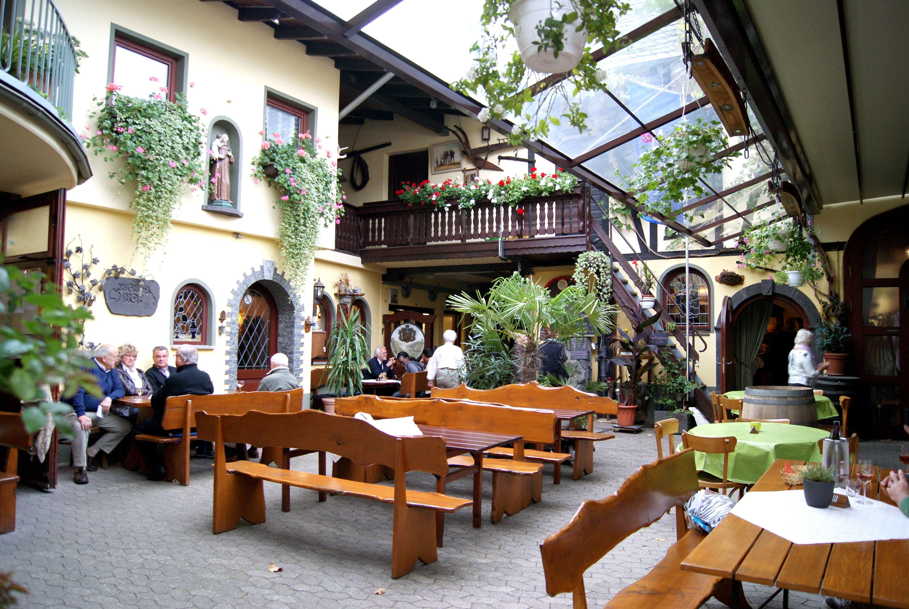 gastronomy, wooden, lighting equipment, outdoors, middle rhine, potted plant, setting, antoniushof, table, wine bar, inn, beverages, einkehr, benches, chair, HD Wallpaper