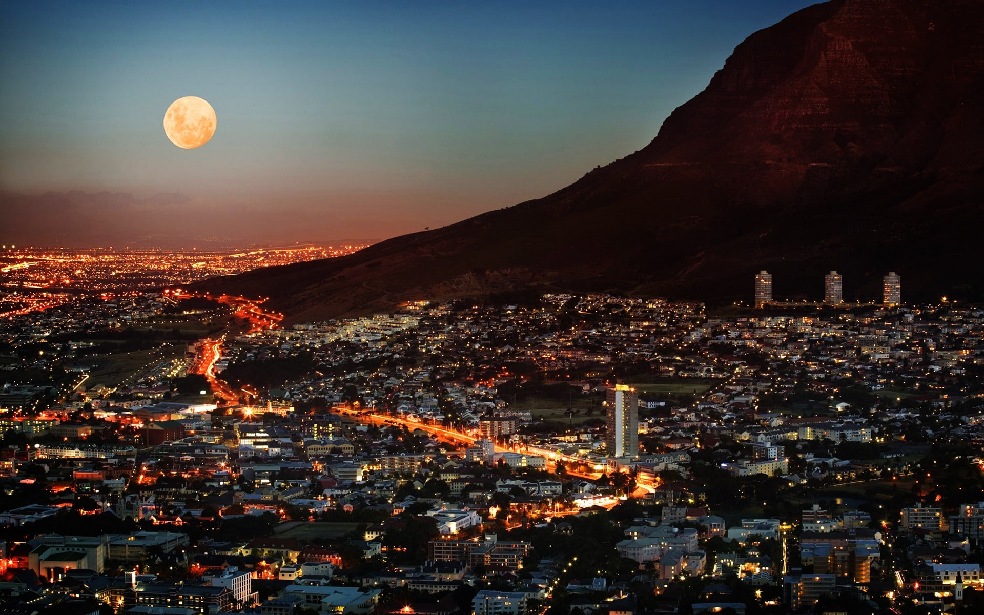 skyscrapers, Cape Town, a metropolis, night, 1080P, sky, moon, south, lights, africa, HD Wallpaper