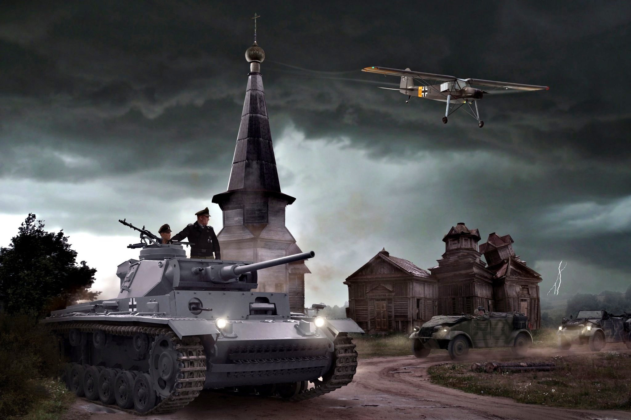 Fieseler, tank, the plane, 1080P, Fi.156, Tankers, Church, Pz.III, Volkswagen Type 82, German, Average, Storm clouds, HD Wallpaper