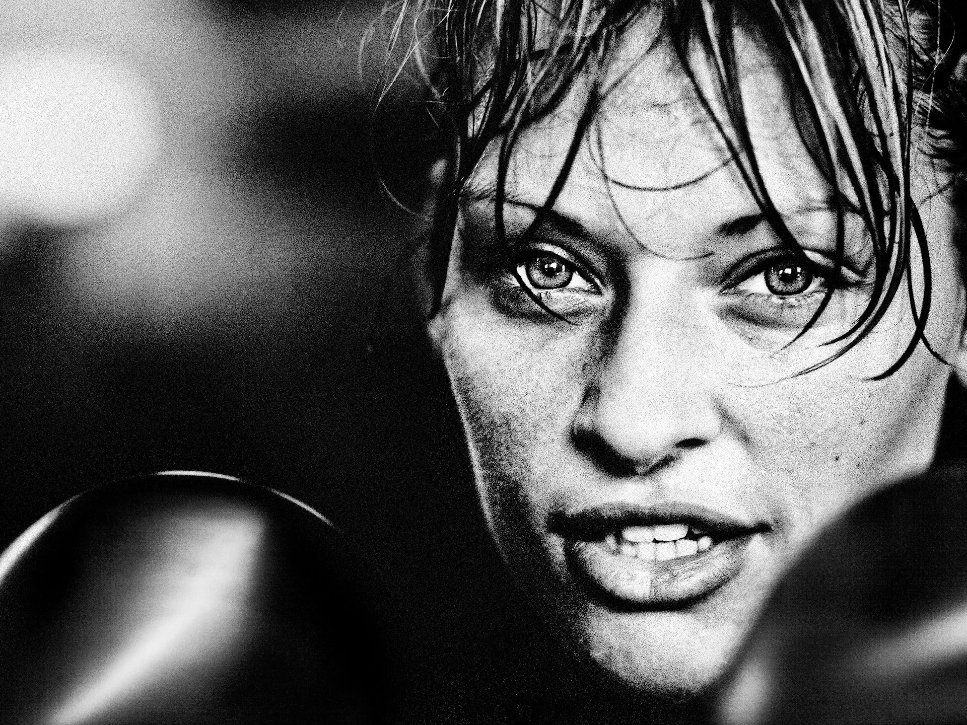 looking at camera, leisure activity, 1080P, headshot, focus on foreground, face, close-up, black and white, portrait, lifestyles, Boxing, women, front view, HD Wallpaper