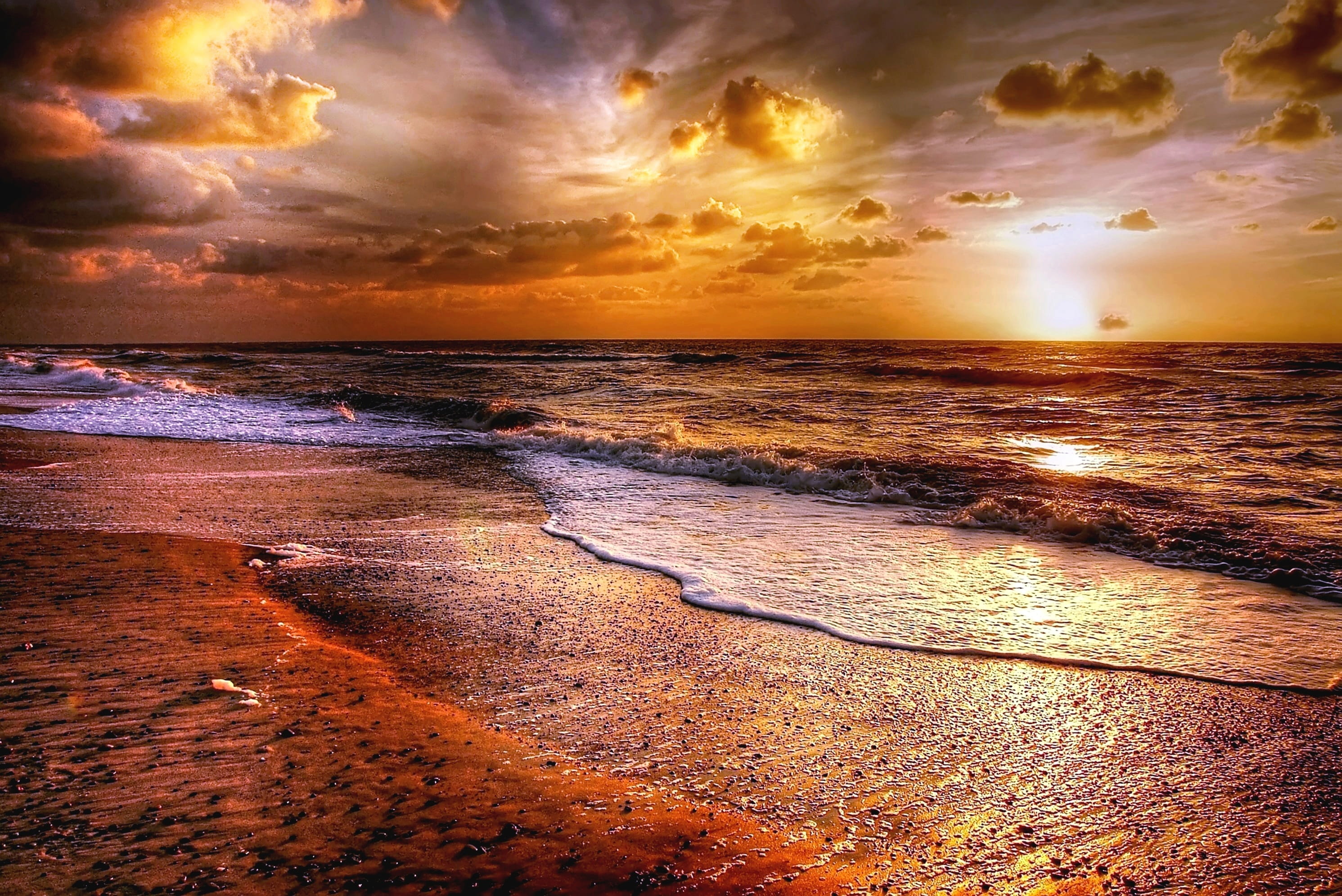 dramatic sky, clouds, dawn, no people, sun, color, orange color, seashore, stones, horizon, sky, nature, sunset, tranquil scene, seascape, land, cloud - sky, HD Wallpaper
