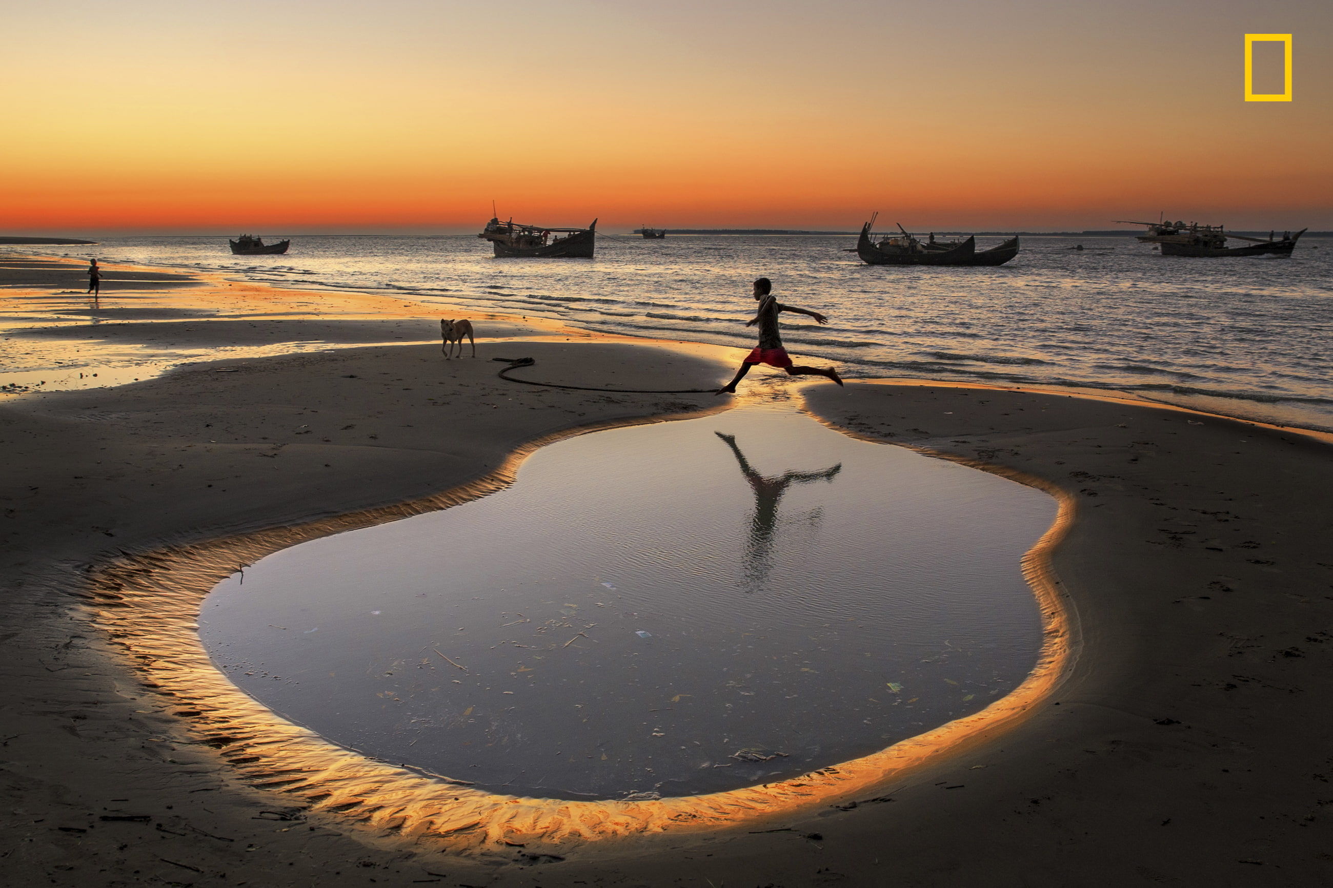 sunset, logo, dog, sand, beach, National Geographic, 2K, nature, children, ropes, Yousuf Tushar, reflection, sea, Bangladesh, jumping, boat, landscape, HD Wallpaper