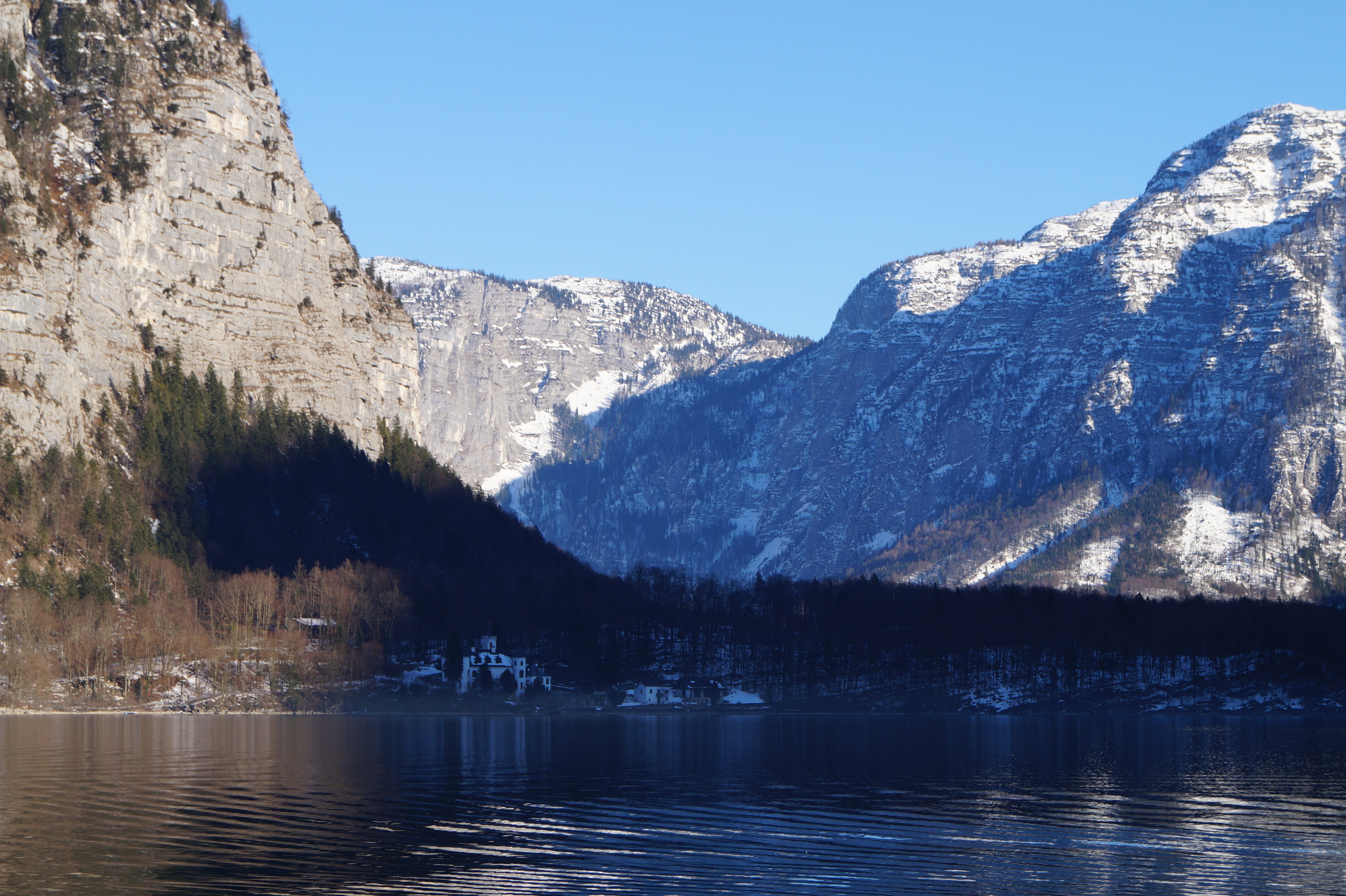 mountain, hallstatt, pine woodland, winter mountain, water, beauty in nature, mountain range, reflection, coniferous tree, lake, austria, tranquil scene, HD Wallpaper