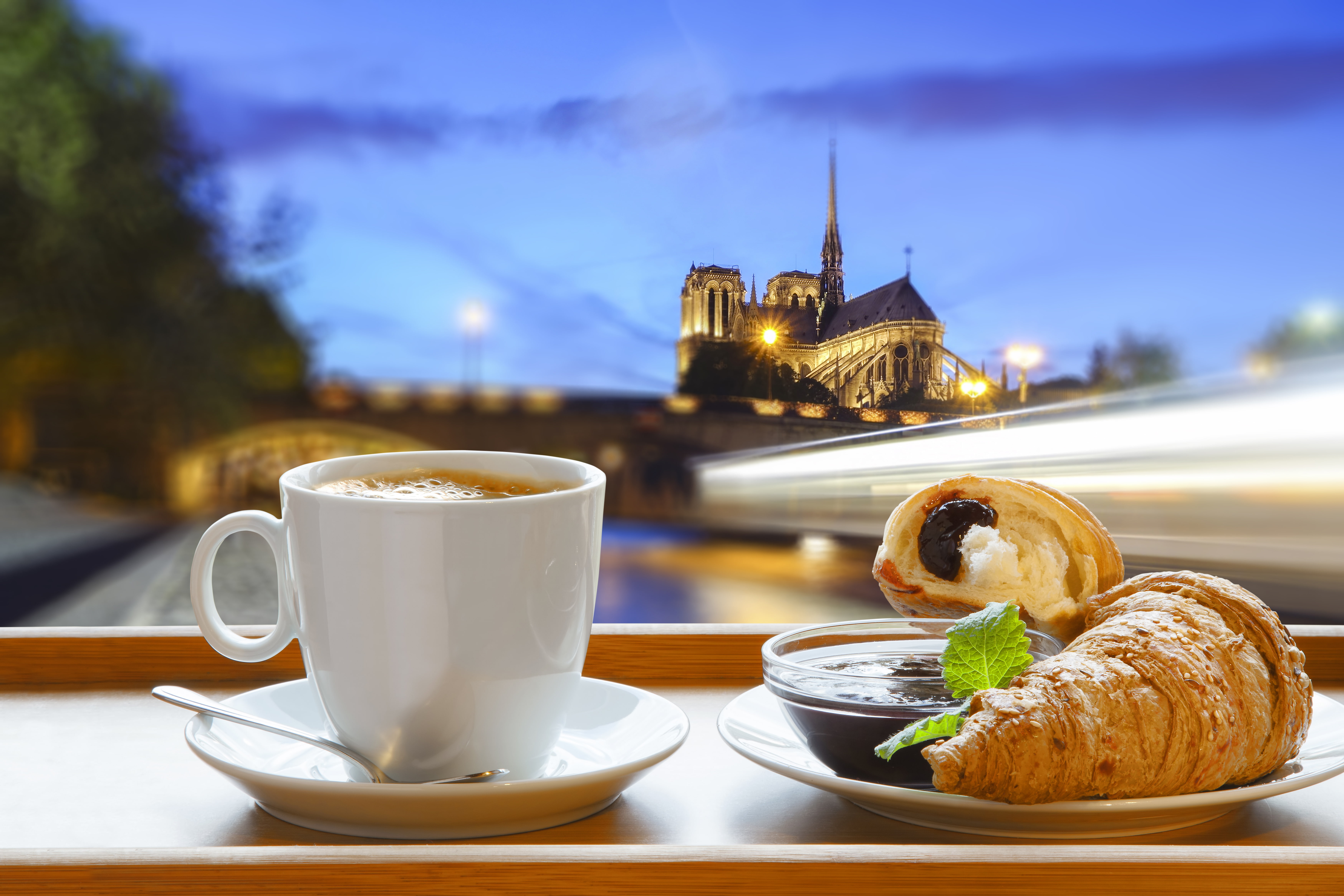 cappuccino, mug, croissant, bread, espresso, coffee - Drink, jam, brown, restaurant, crockery, morning, focus on foreground, coffee, snack, hot drink, saucer, HD Wallpaper