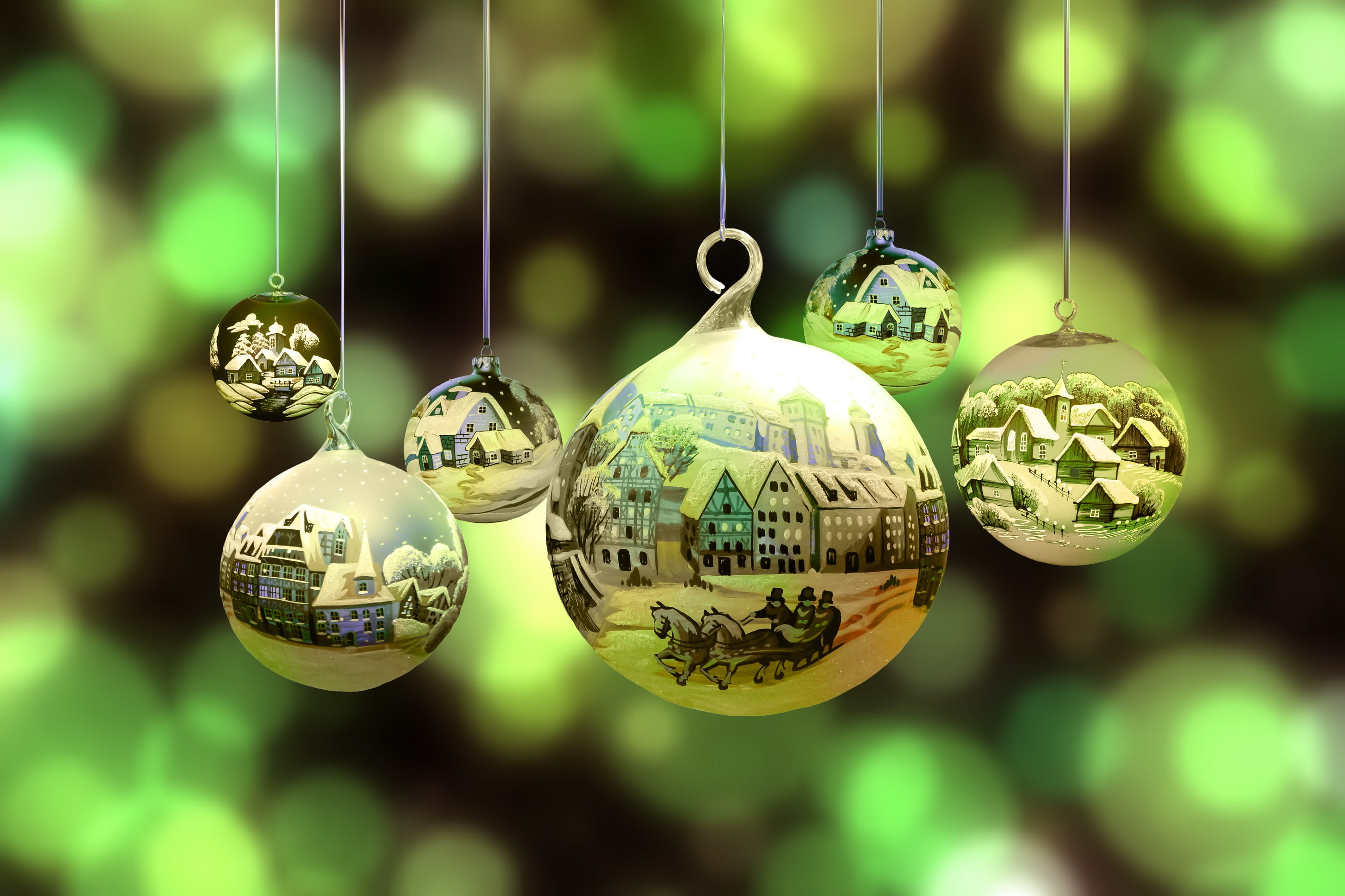 winter magic, balls, winter, no people, six, santa claus, christmas ornament, night, focus on foreground, group, reflection, decoration, landscape, deco, HD Wallpaper