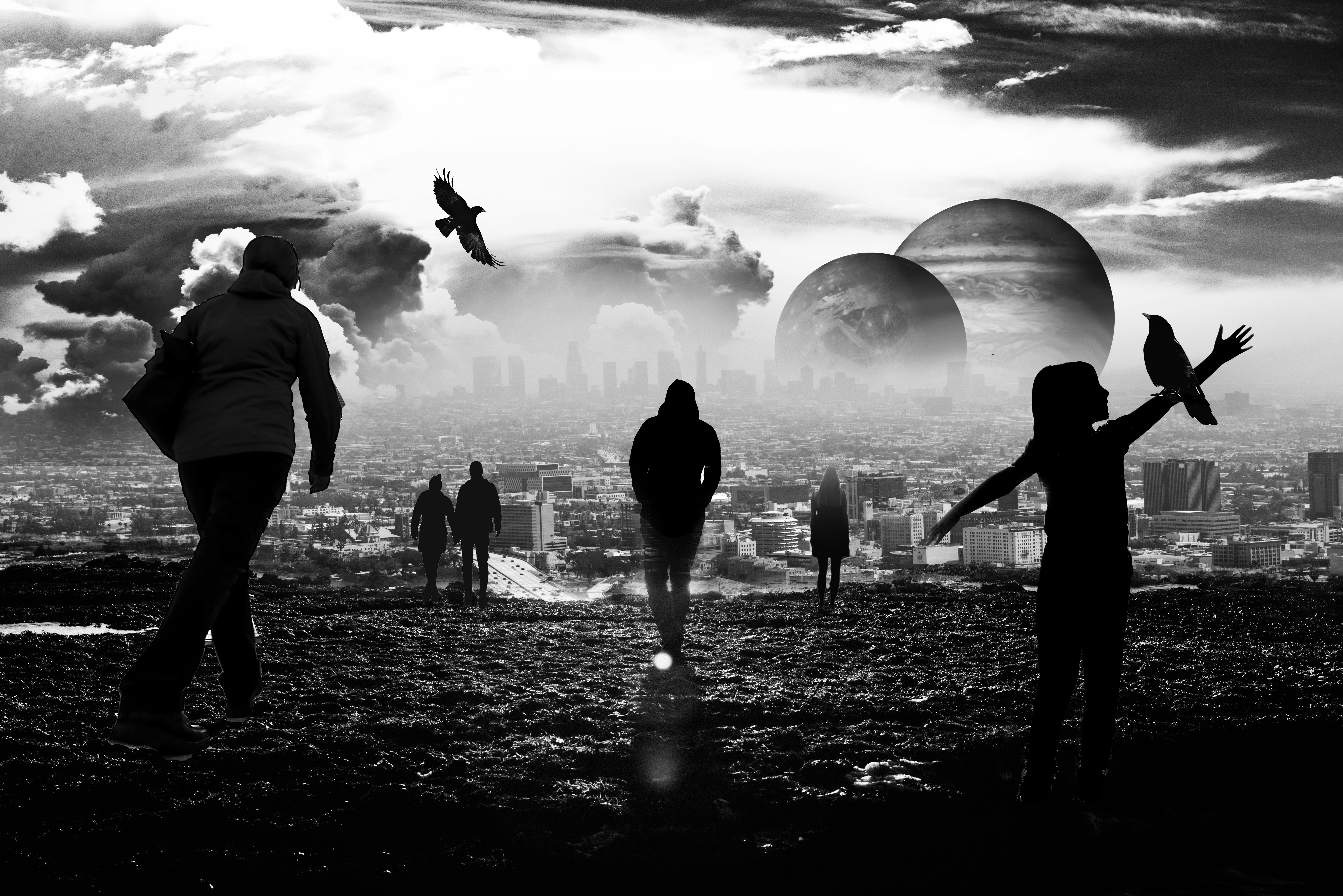 outdoors, water, black white, shadow, black, land, group of people, nature, standing, women, real people, soil, crowd, fantasy, planet, earths atmosphere, HD Wallpaper
