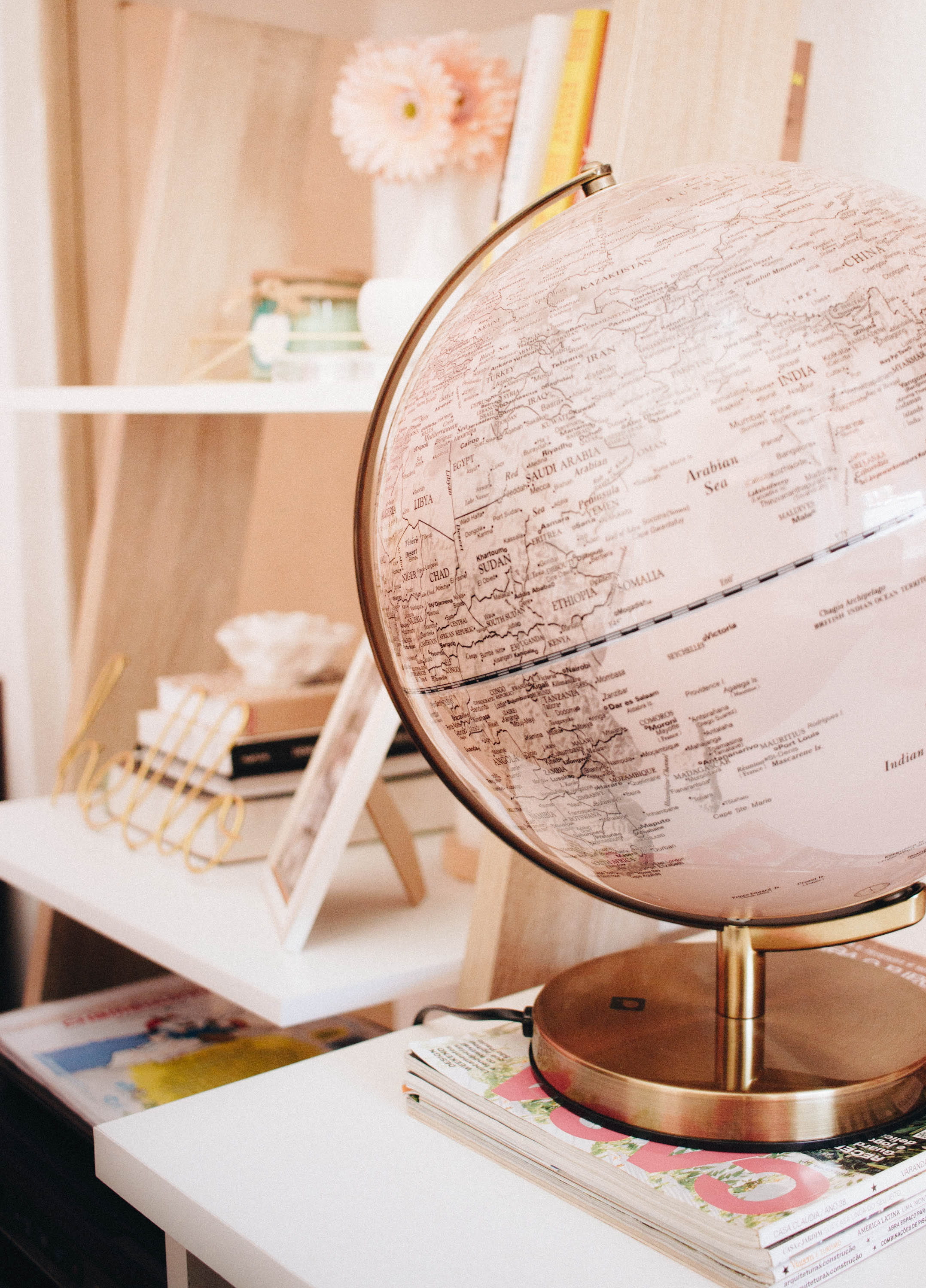 sphere, map, shelf, world, indoors, communication, container, home, focus on foreground, home office, colored, near, places, brass, decor, globe - man made object, Phone HD Wallpaper